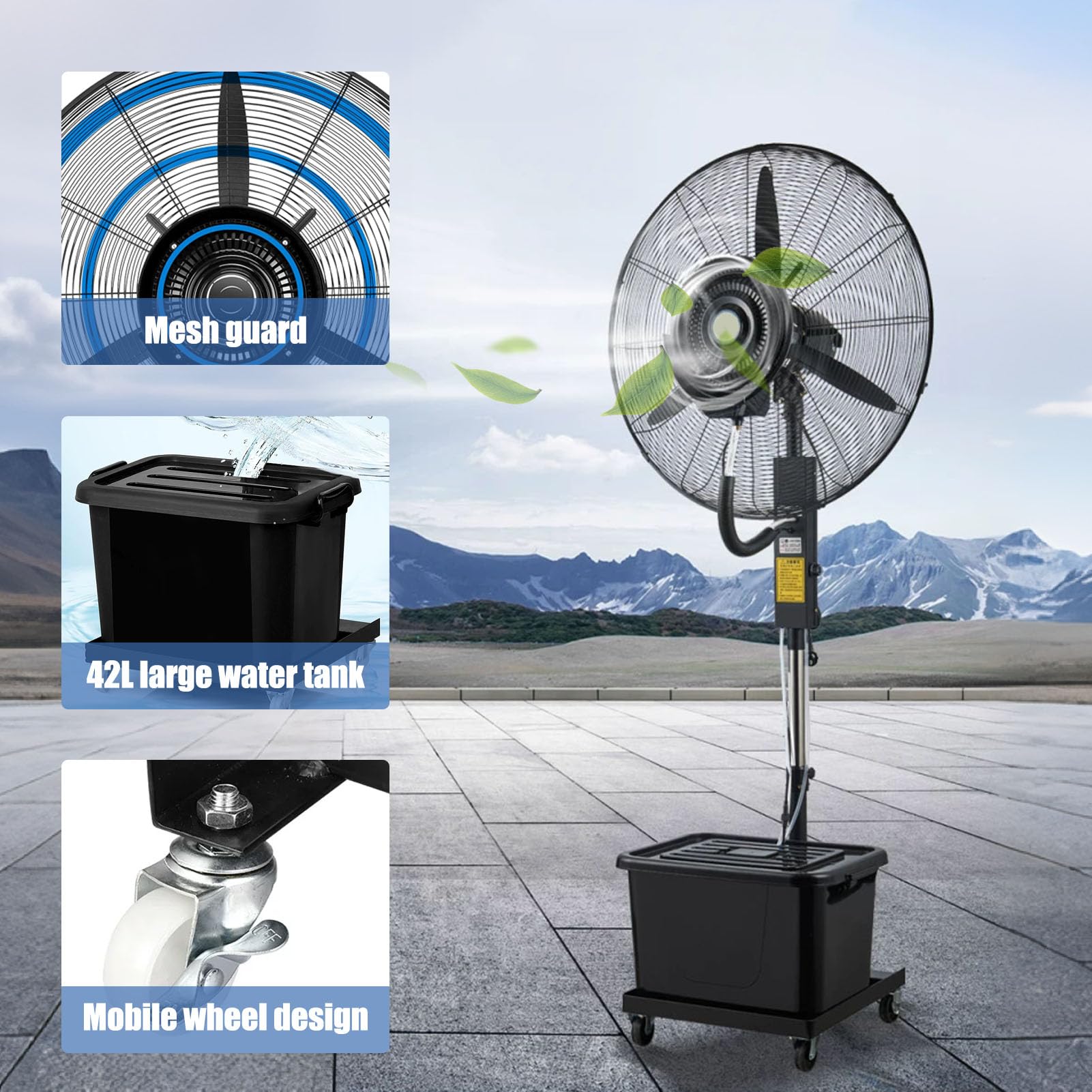 Ventilador Nebulizador Industrial de Pie con Dep贸sito de Agua de 42L, 3 Velocidades, Altura Ajustable, Alcance de 7~8m, Ventilador Oscillante para Almacenes y Grandes Espacios
