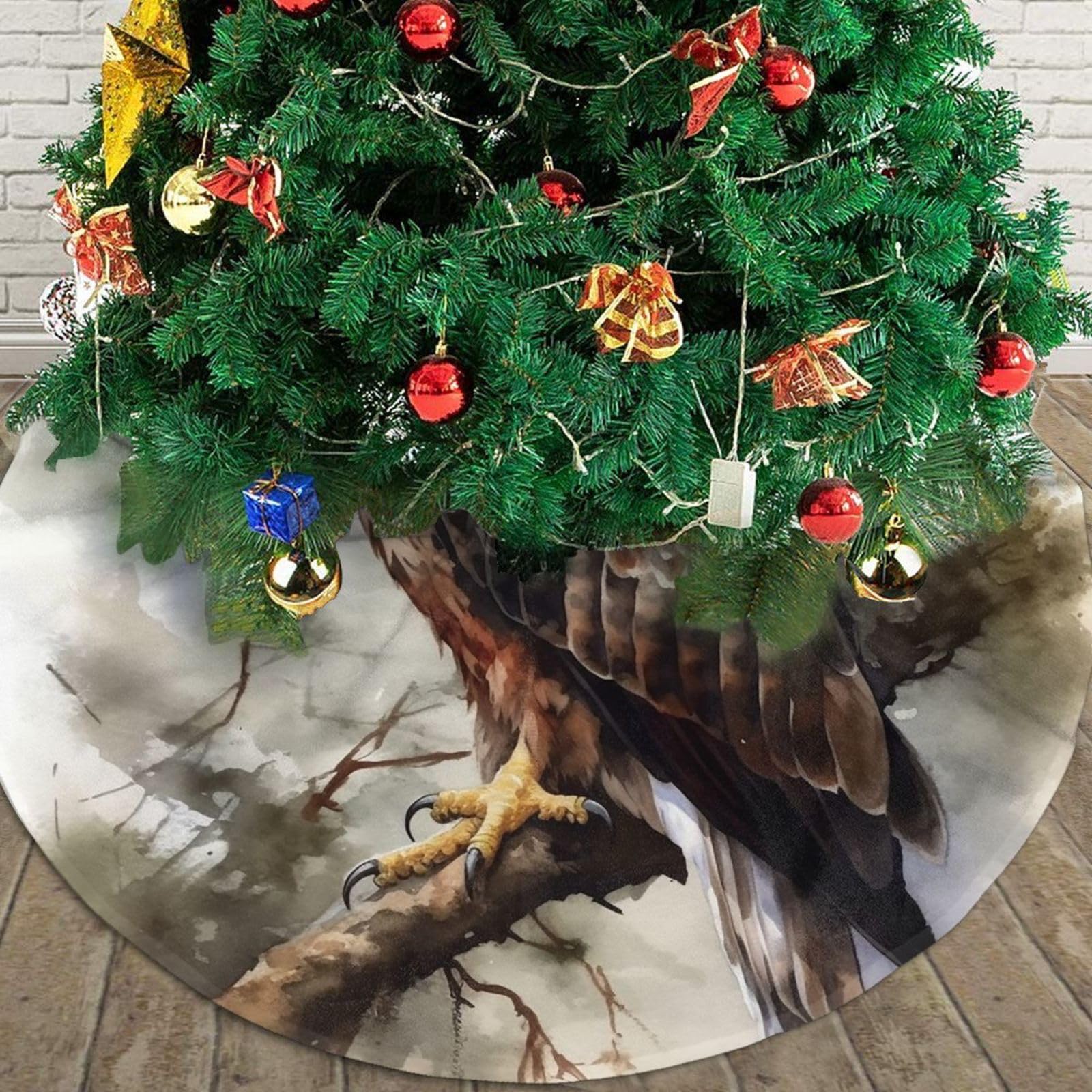 Watercolor of Hawk Sitting in The Tree Christmas Tree Skirt 36" Plush Soft Artificial Tree Mat Cover Merry Christmas Xmas Tree Skirt for Christmas Decoration Holiday Indoor Outdoor Winter Party Decor