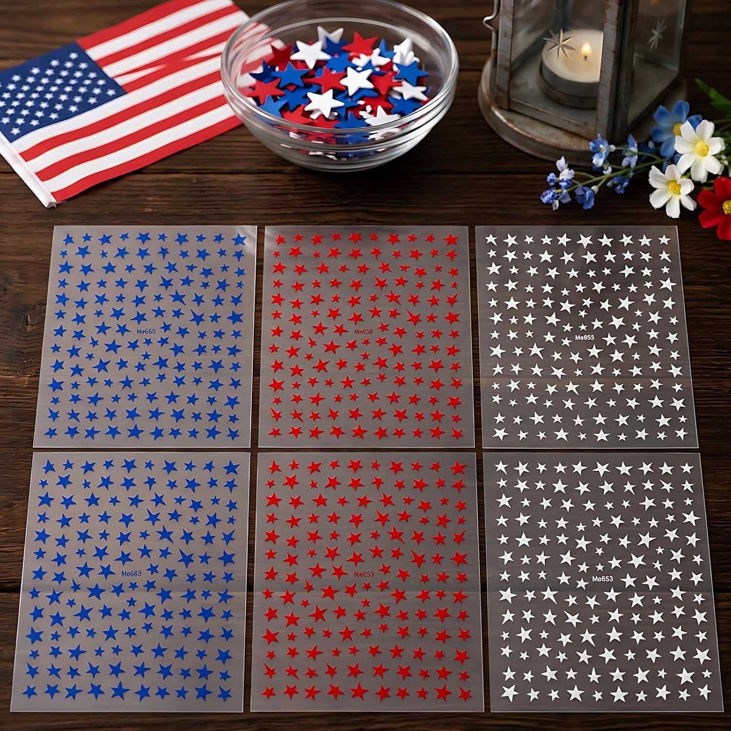 6PCS 4th of July Nail Stickers for Nail Art, 3D Self-Adhesive Star Nail Decals, Red White Blue Patriotic American Flag Designs, Independence Day Memorial Day Acrylic Nails Decoration for Women
