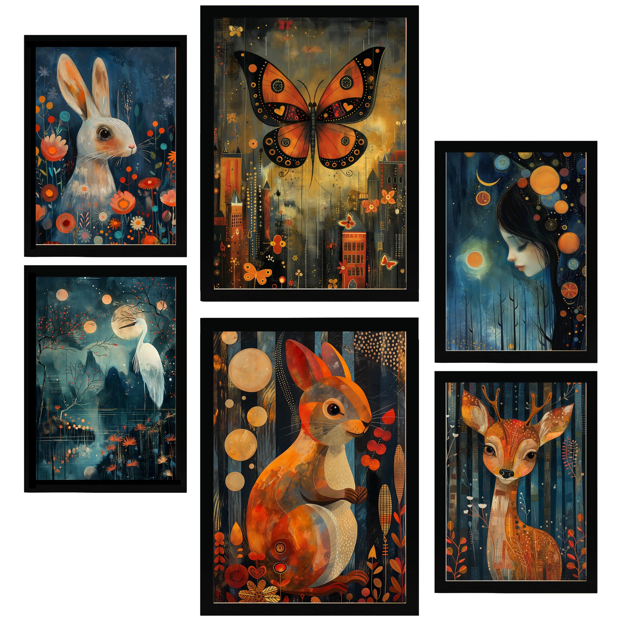 Nacnic Set of 6 posters Nature And Animals. Rabbit, Butterfly, Squirrel, Deer By Rosina Wachtmeister Framed prints with design illustration to decorate walls of home. Room, office. A3 & A4 Black Frame