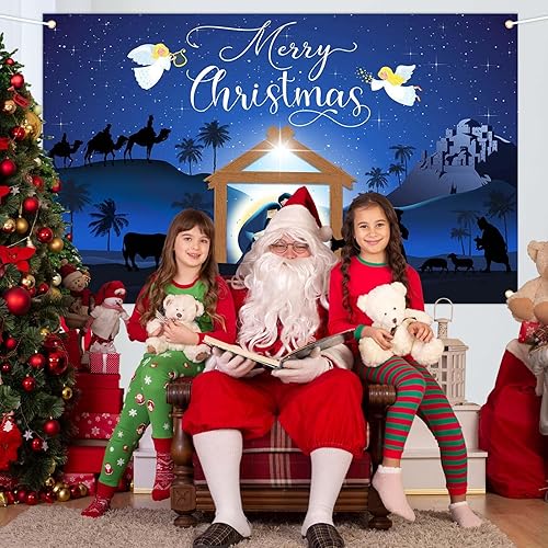 Miniatura 5 de Avezano Decoraciones de Navidad azules para colgar pancartas religiosas de Feliz Navidad y letreros de porche para Navidad, para interiores y