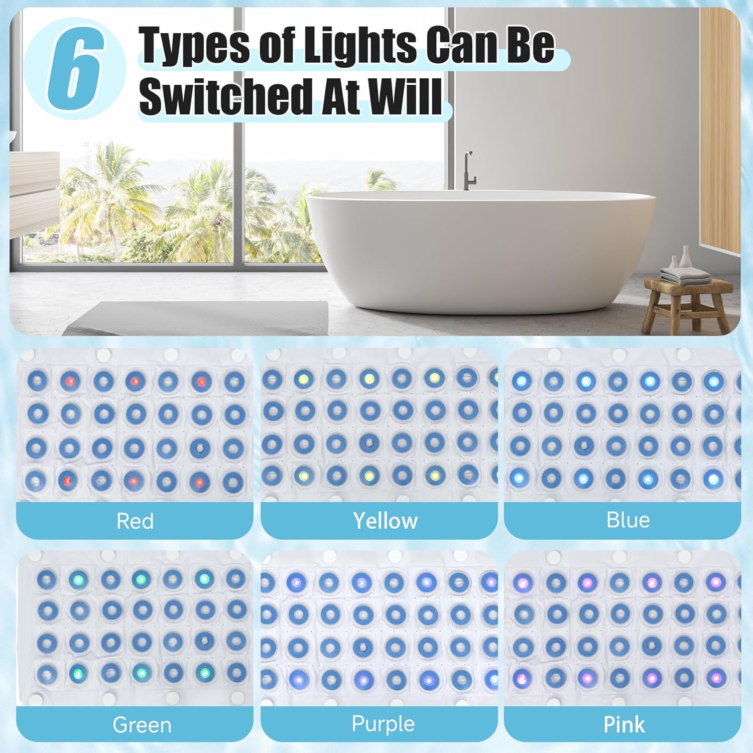 Bubble Bath Mat, Upgraded Bathtub Massager with Remote & 6 Modes, 48.8" Full Body Length with Inflatable Pillow, Anti-Slip Suction Cups, Chromotherapy Lights for Luxury Home Spa Relaxation