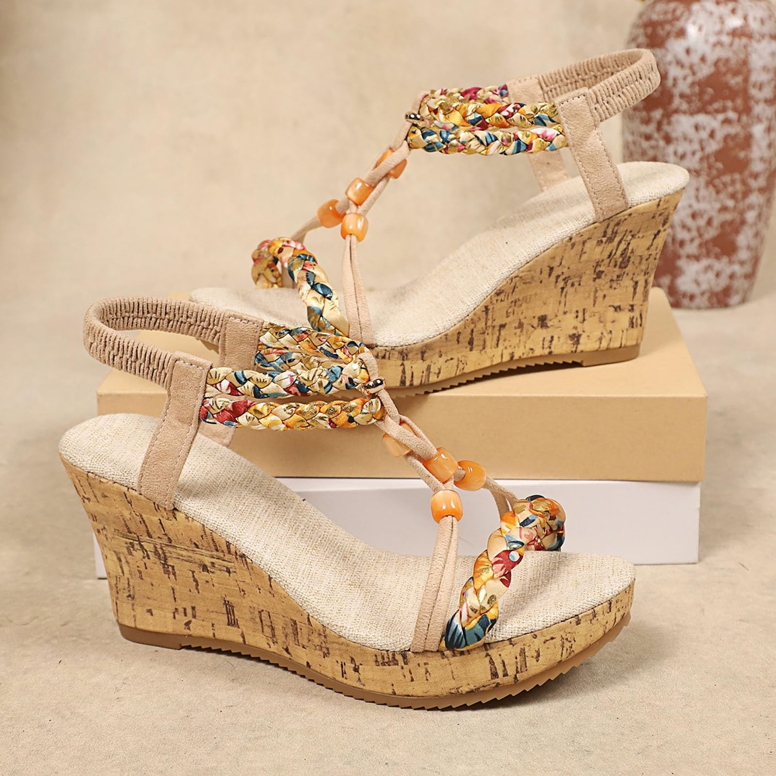 Sandales Compensées Femme Été Chaussures AntidéRapantes Respirantes et Nu-Pieds BohêMe Bout Ouvert Avec Talon Plateforme Elégante Comfy Semi Trailer Sandales Idéal Pour Les Vacances À La Plage