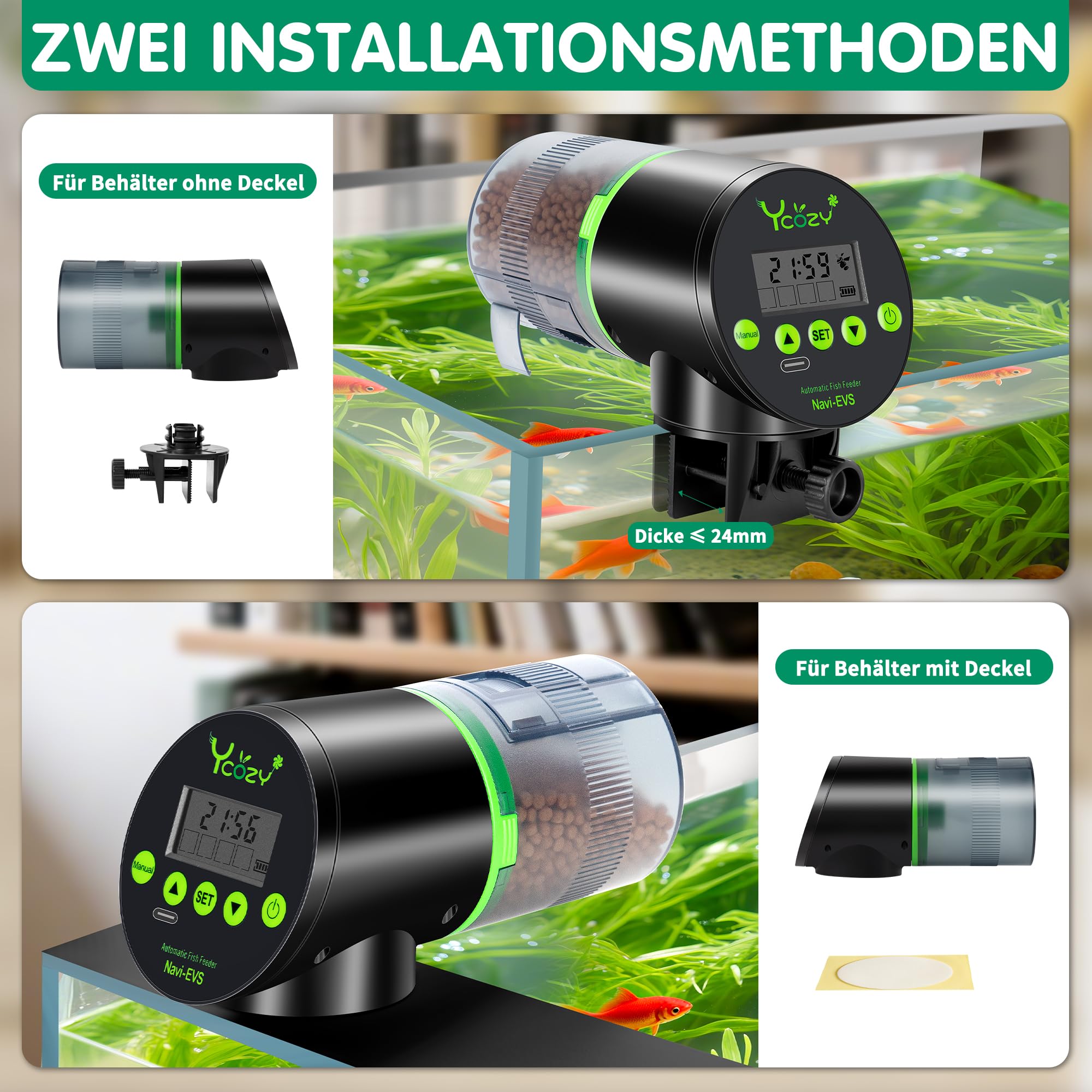 Ycozy Futterautomat Aquarium mit Feuchtigkeitsdichter Abdeckung Fischfutter Automat mit Typ-C Ladekabel LCD-Anzeige für Aquarium Fischtank Navi-EVS