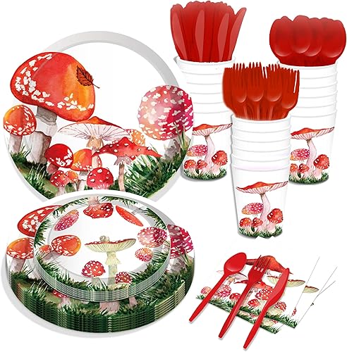 Juego de vajilla de 116 piezas de vajilla roja de hongos en acuarela que incluye platos de hongos y servilletas, platos llanos, tazas para