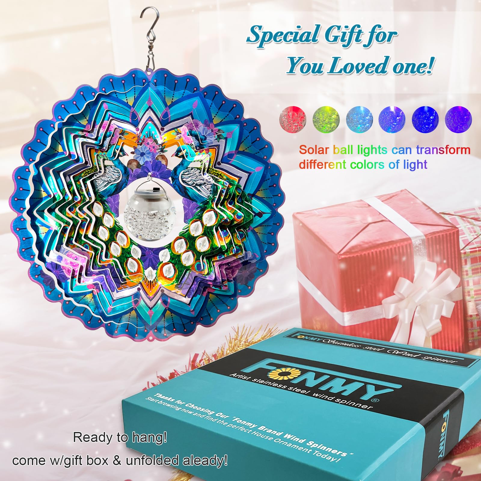 FONMY Solar Wind Spinner Mandala Peacock Christmas Decoration Worth Gift 3D Stainless Steel Hanging Wind Spinners Indoor/Outdoor Garden Décor Kinetic Yard Art 12 Inches Multi Blue Wind Sculpture