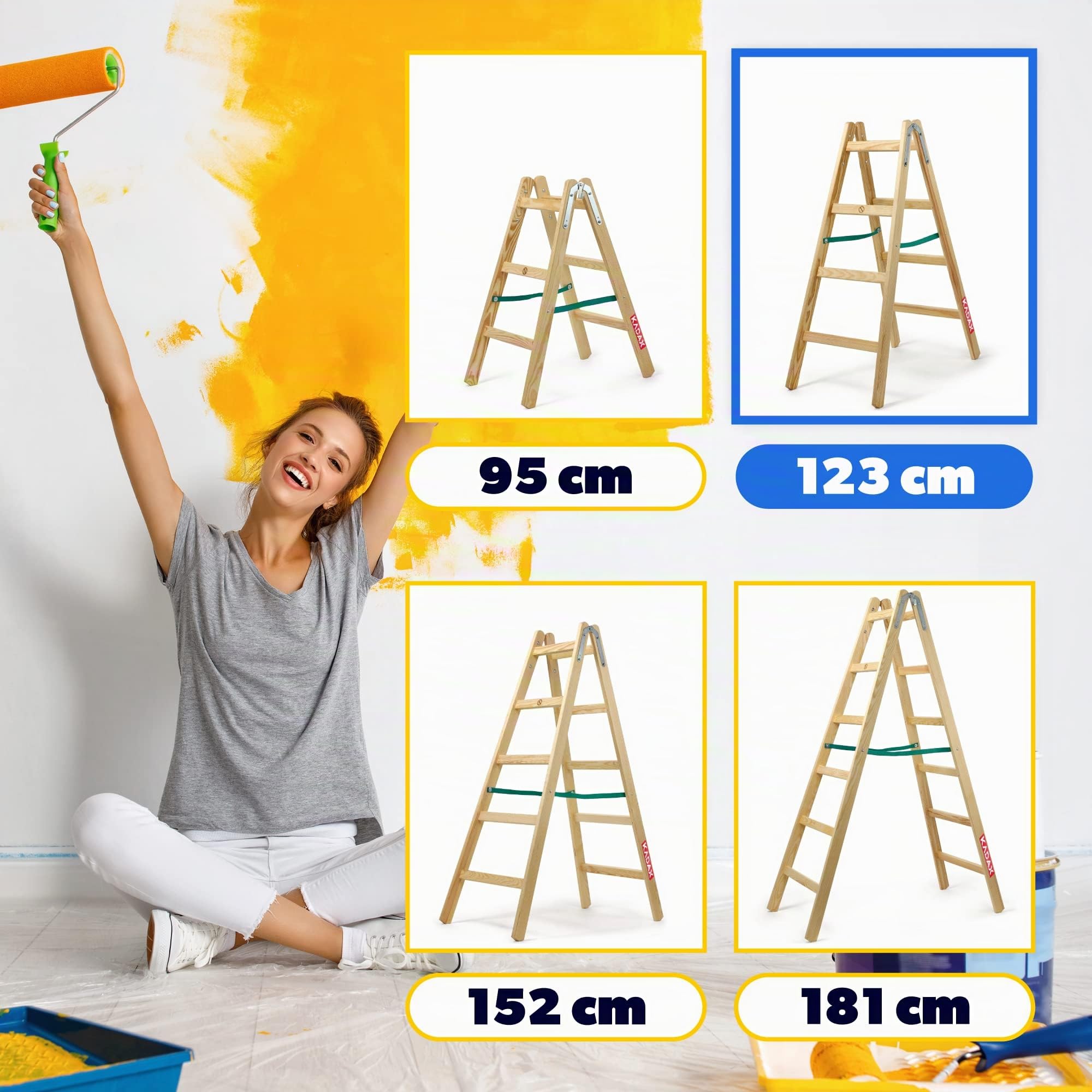 KADAX Scala a Pioli Doppia in Legno di Pino Impregnato, Scaletta Pieghevole con Gancio in Acciaio e Certificata EN 131, Fino a 150 kg (4 Gradini)