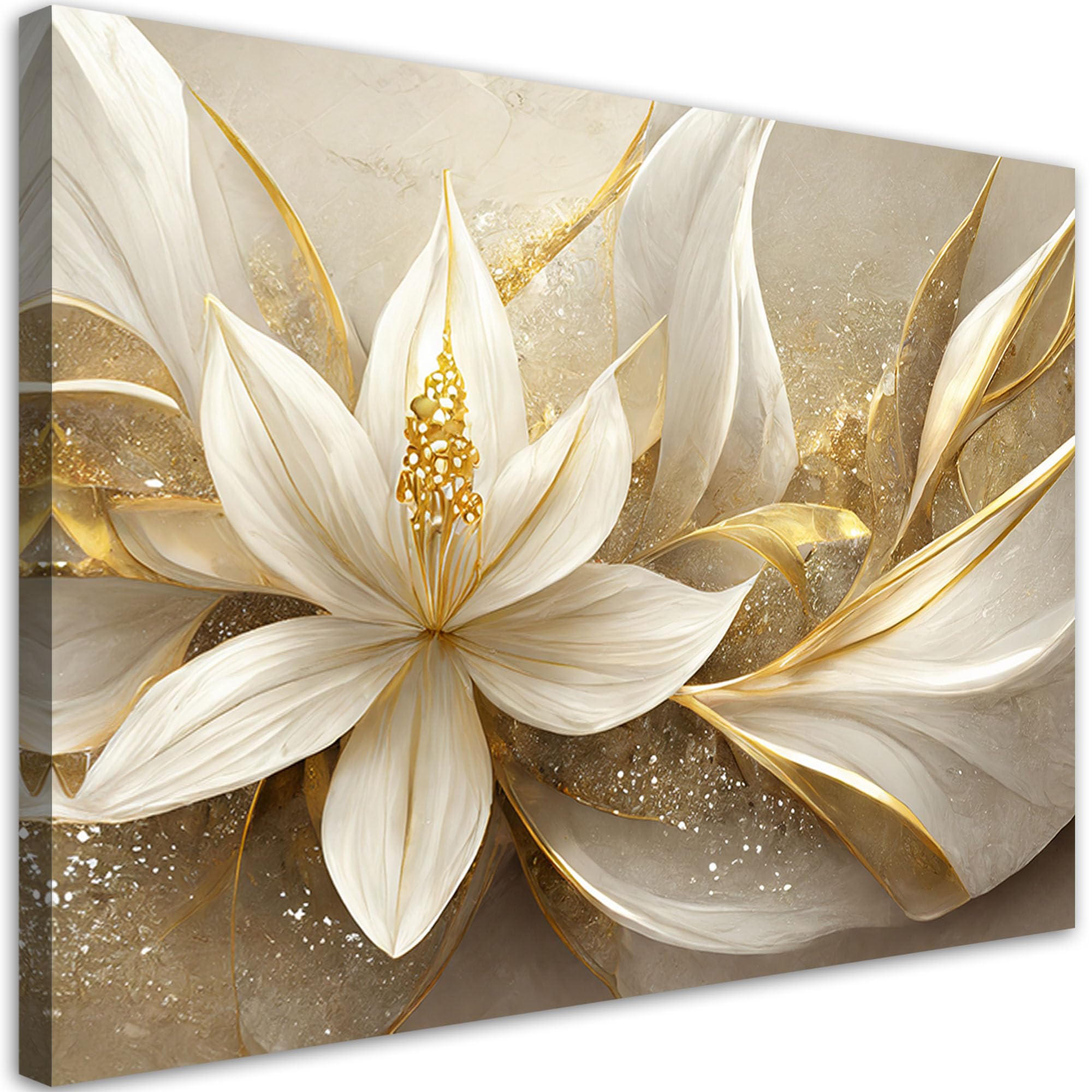 Feeby Viles - Leinwand Bilder - Gold Glamour Blumen - 120x80 cm - Deko Wohnzimmer - Wandbilder Schlafzimmer - Deko Aesthetic - Wand Deko - Leinwand Groß - Deko Zimmer - Leinwandbilder XXL