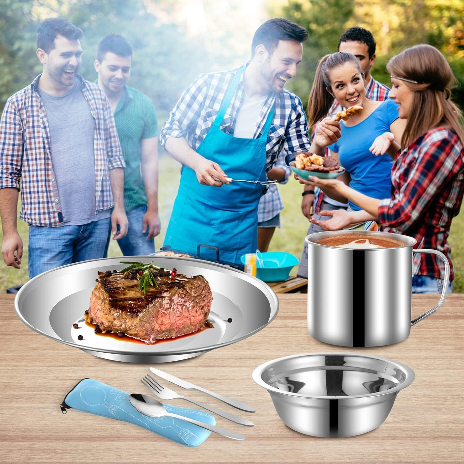 Ensemble de couverts de camping en acier inoxydable comprenant assiette, bol, cuillère, fourchette, couteau dans des poches en maille pour le camping et les randonnées
