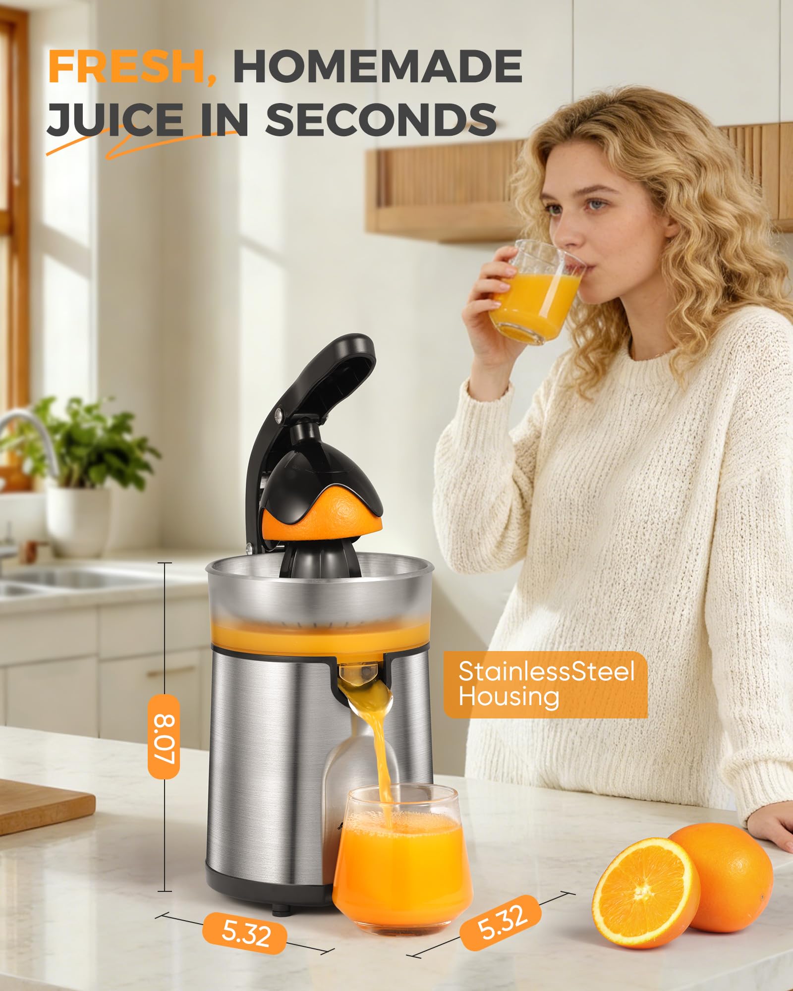 Exprimidor eléctrico de naranja, exprimidor de cítricos con 2 conos intercambiables, máquina exprimidor eléctrico de 160 W con cuerpo de acero inoxidable y colector de jugo transparente para