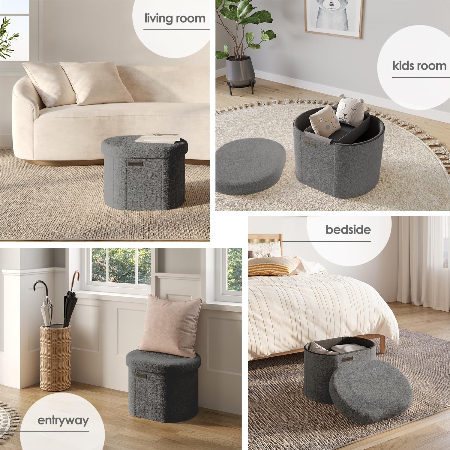 Ottomane ronde avec rangement pour le salon, 40,6 cm, petit ottoman, repose-pieds, repose-pieds en boucle, pouf ottoman max 150 kg, gris