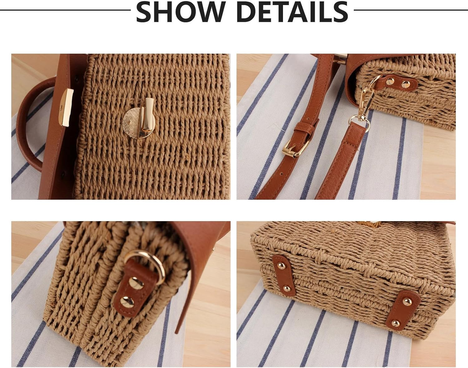 Hand woven rattan bag, summer leather flip beach bag, women's straw woven handbag - Image 4