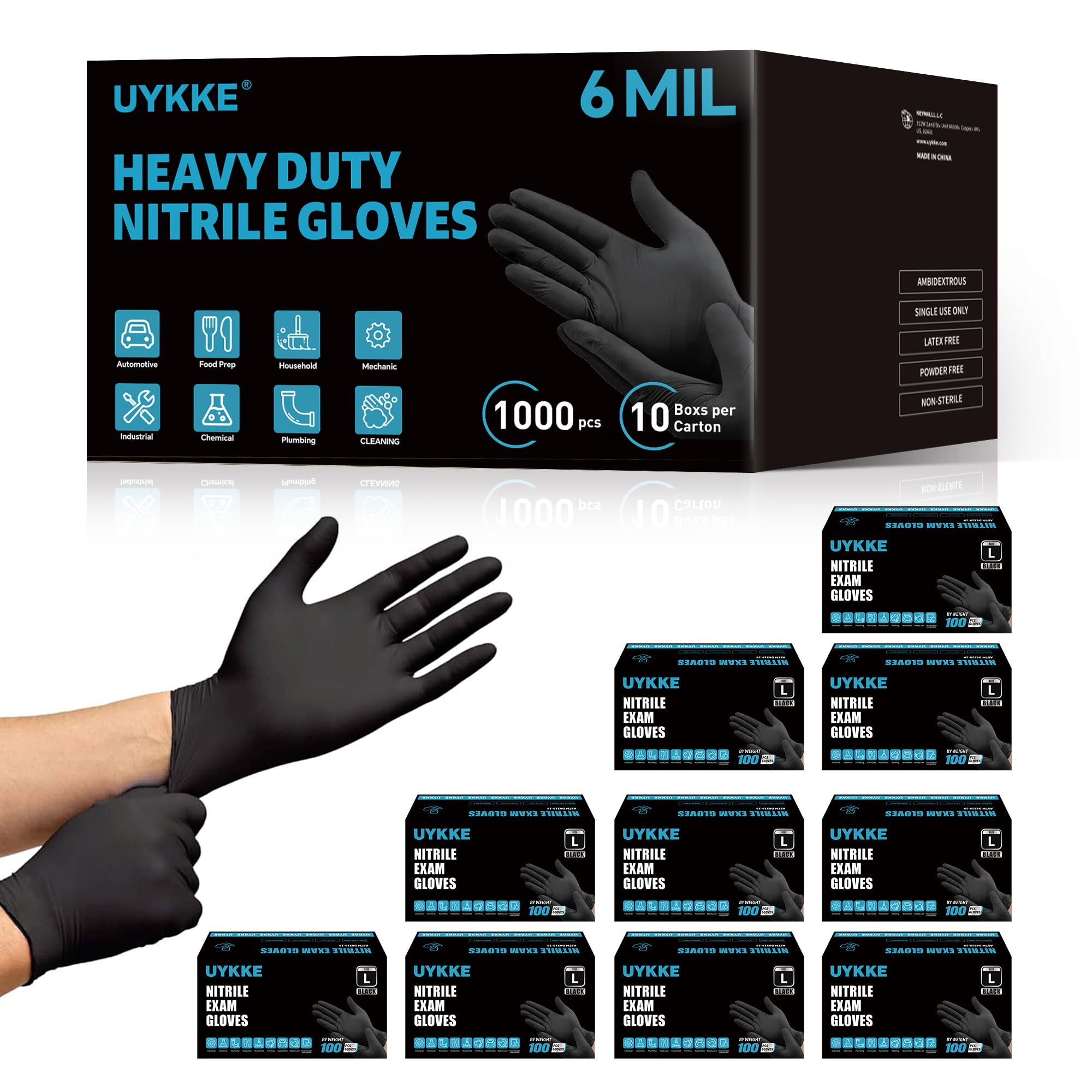 UYKKE HEAVY DUTY 6 Mil Nitrile Black Gloves Disposable Latex Free Rubber Cooking Cleaning Food Prep Tattoo Gloves 1000PCs