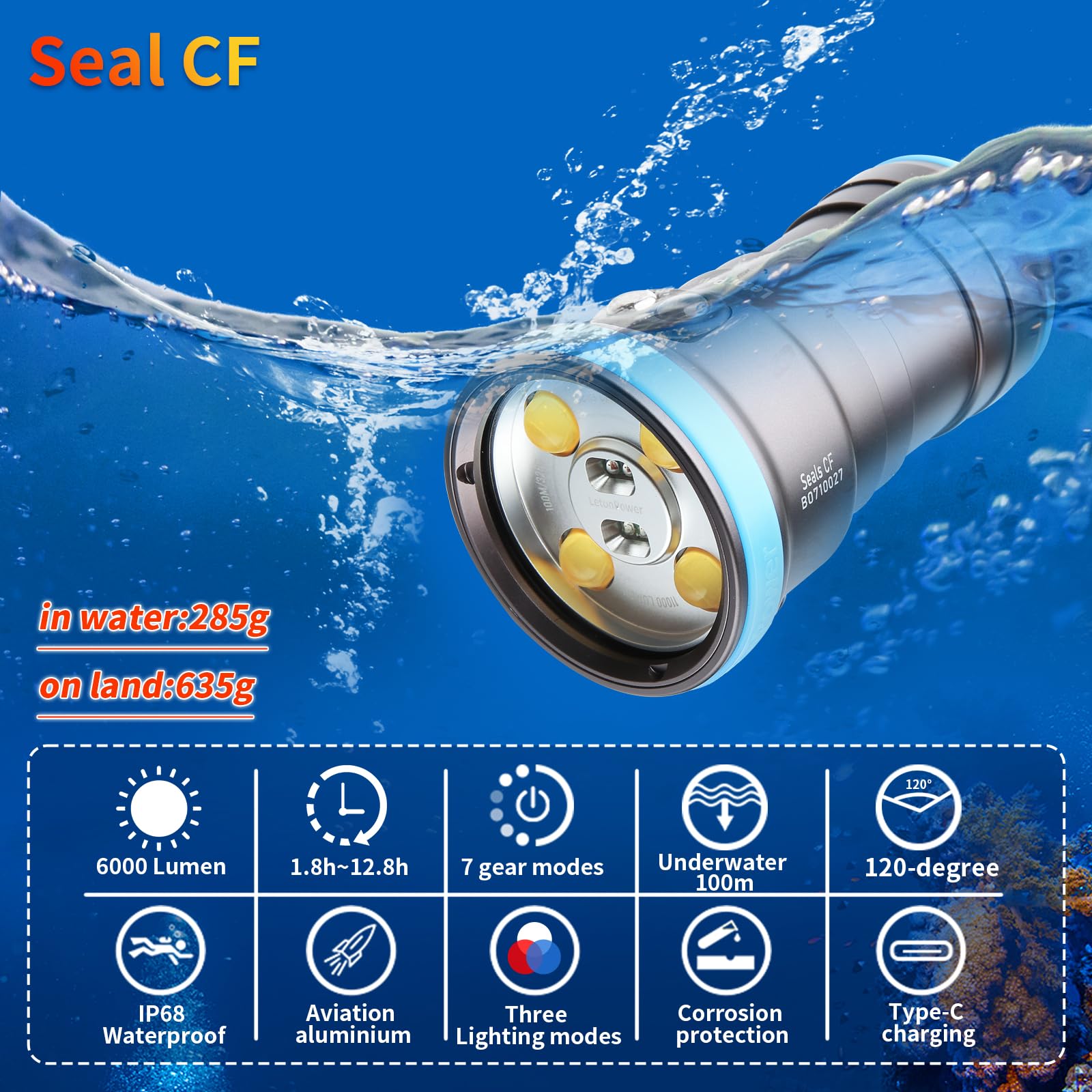 Seal CF Lampe de Plongée 6000 Lumens - Lampe Vidéo 120° à 5500K/96 CRI, Recharge USB-C, Étanche 100m pour Photographie sous-Marine Professionnelle