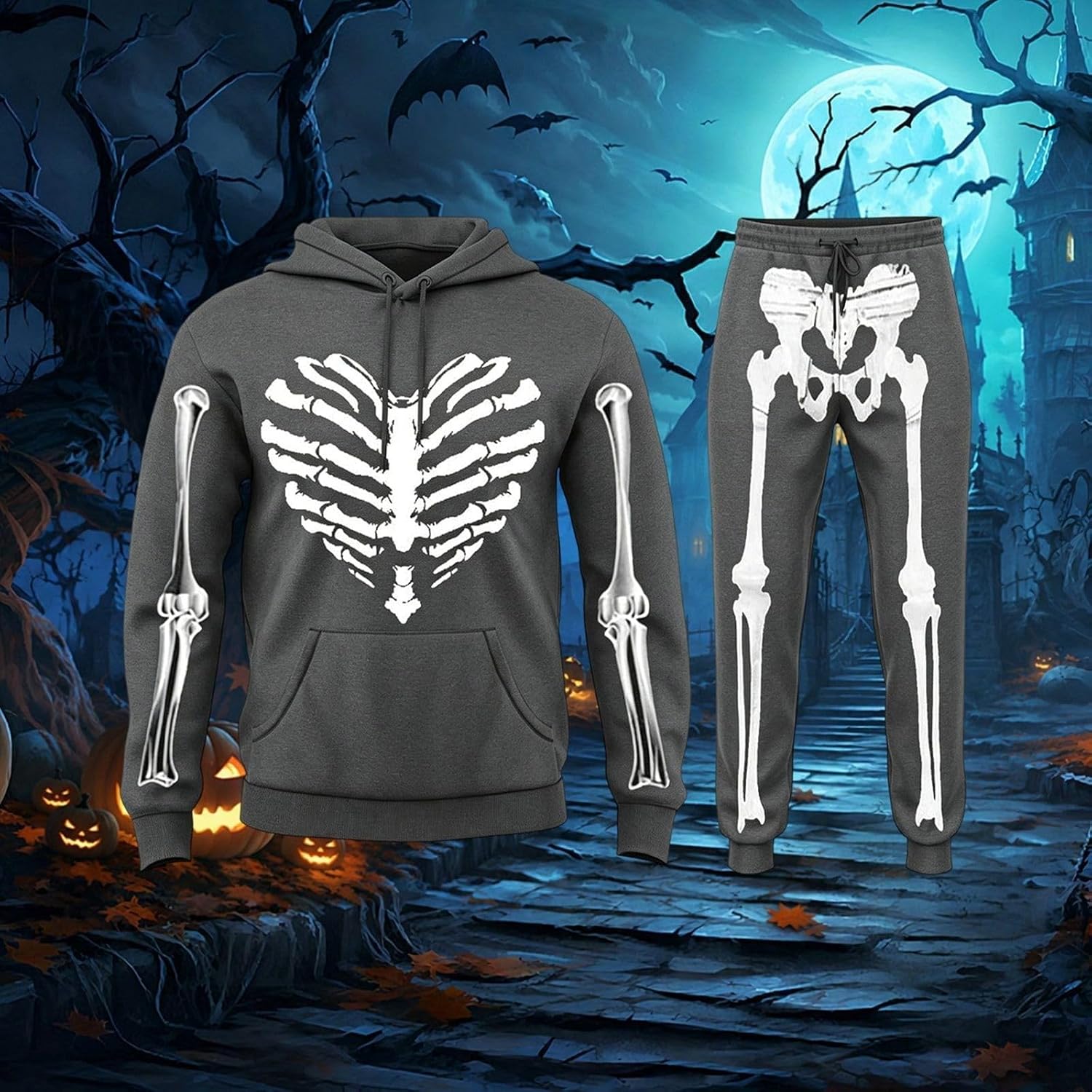 HJINGSUN Men Sweatsuits Sets Unisex Scary Skeleton Tracksuit | Skeleton Costume Men Women Hoodie and Jogger Tracksuit Two Piece Set Holiday Party Outfits Mens Halloween Costumes for 2026