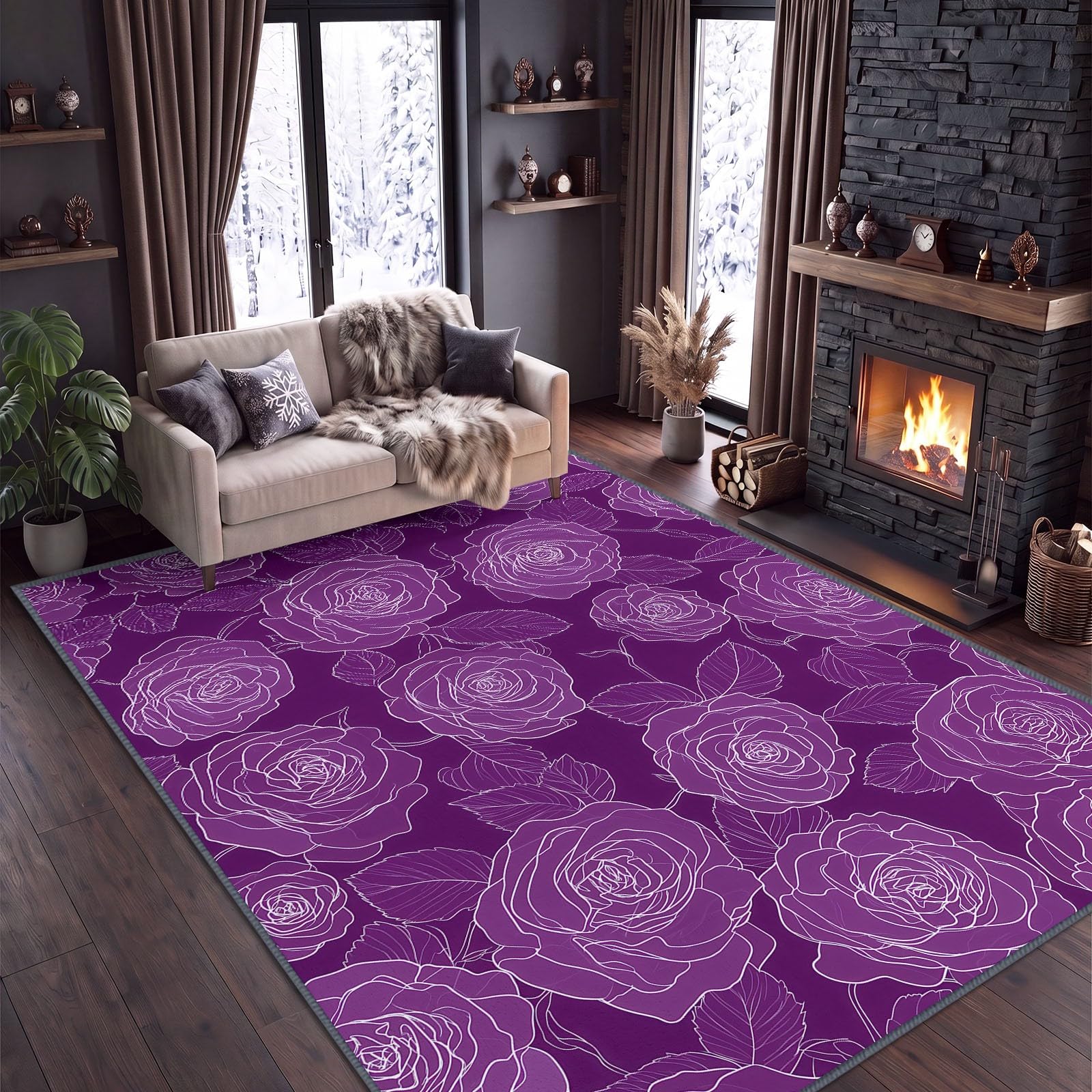 Tapis Lavable en Machine 80 x 150 cm Dessin Au Trait Fleurs Roses Tapis Antidérapant en Flanelle Idéal pour Enfants et Animaux – Moquette de Chambre Doux, Poils Courts, Entretien Facile, Violet