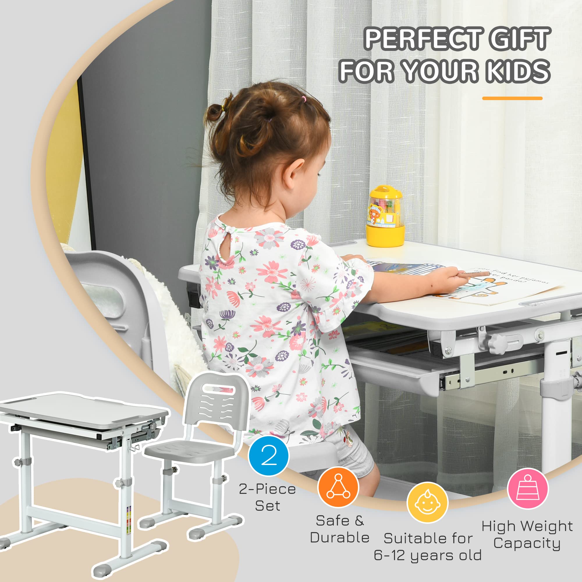 HOMCOM Escritorio infantil con silla, juego de escritorio y silla para niños con altura regulable, tablero inclinado 45°, cajón extraíble, portalápices y gancho - en acero gris-blanco