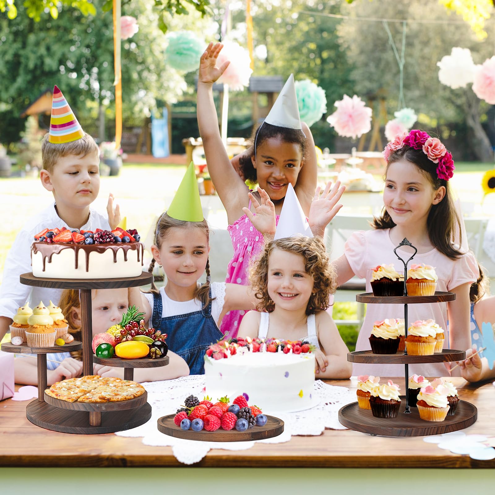 LARDUX Set di 5 alzate in legno con supporto a torre per cupcake a 5 livelli, vassoi da portata a torre a 3 piani, 2 piatti rotondi per torte, 1 piatto quadrato per dessert, salumi, snack per feste