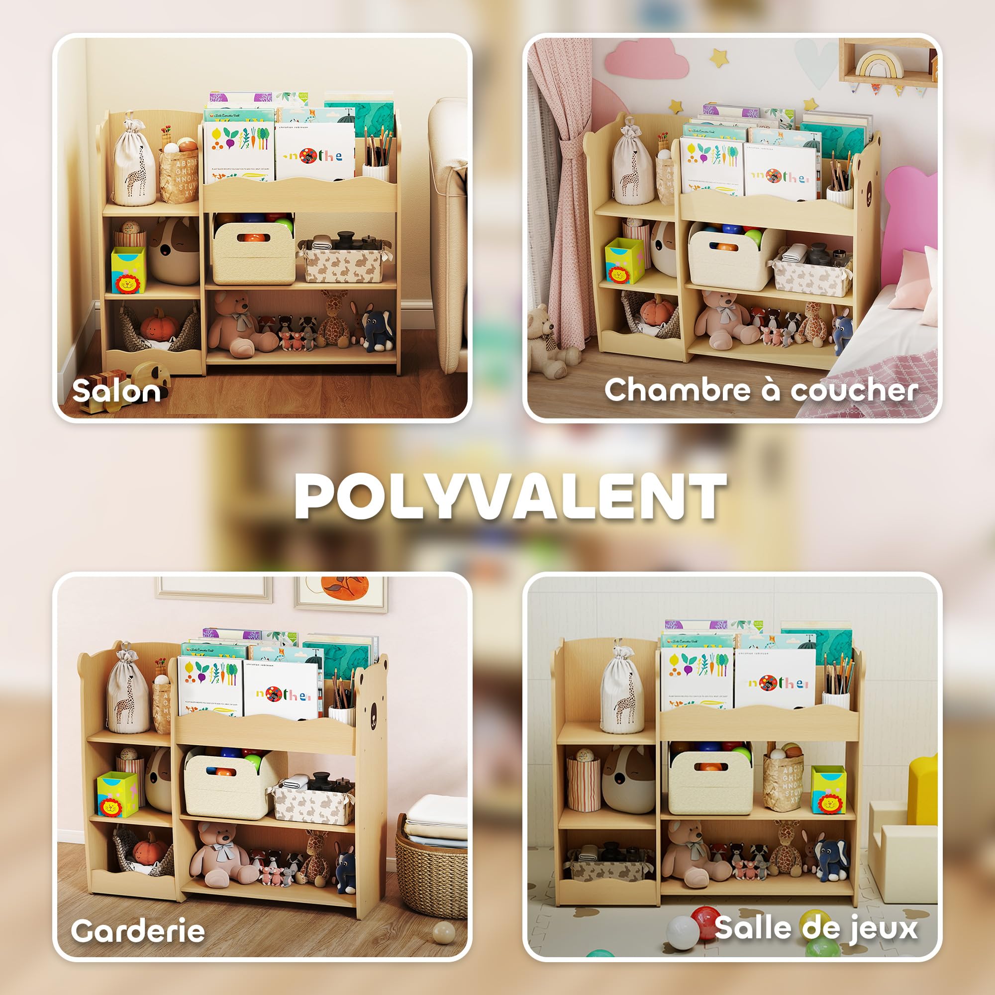 AIYAPLAY Meuble Rangement Enfant à 3 Niveaux, étagère de Rangement pour Jouets Enfants avec étagères Ouvertes, pour Chambre, crèche, Salle de Jeux, Bois Naturel
