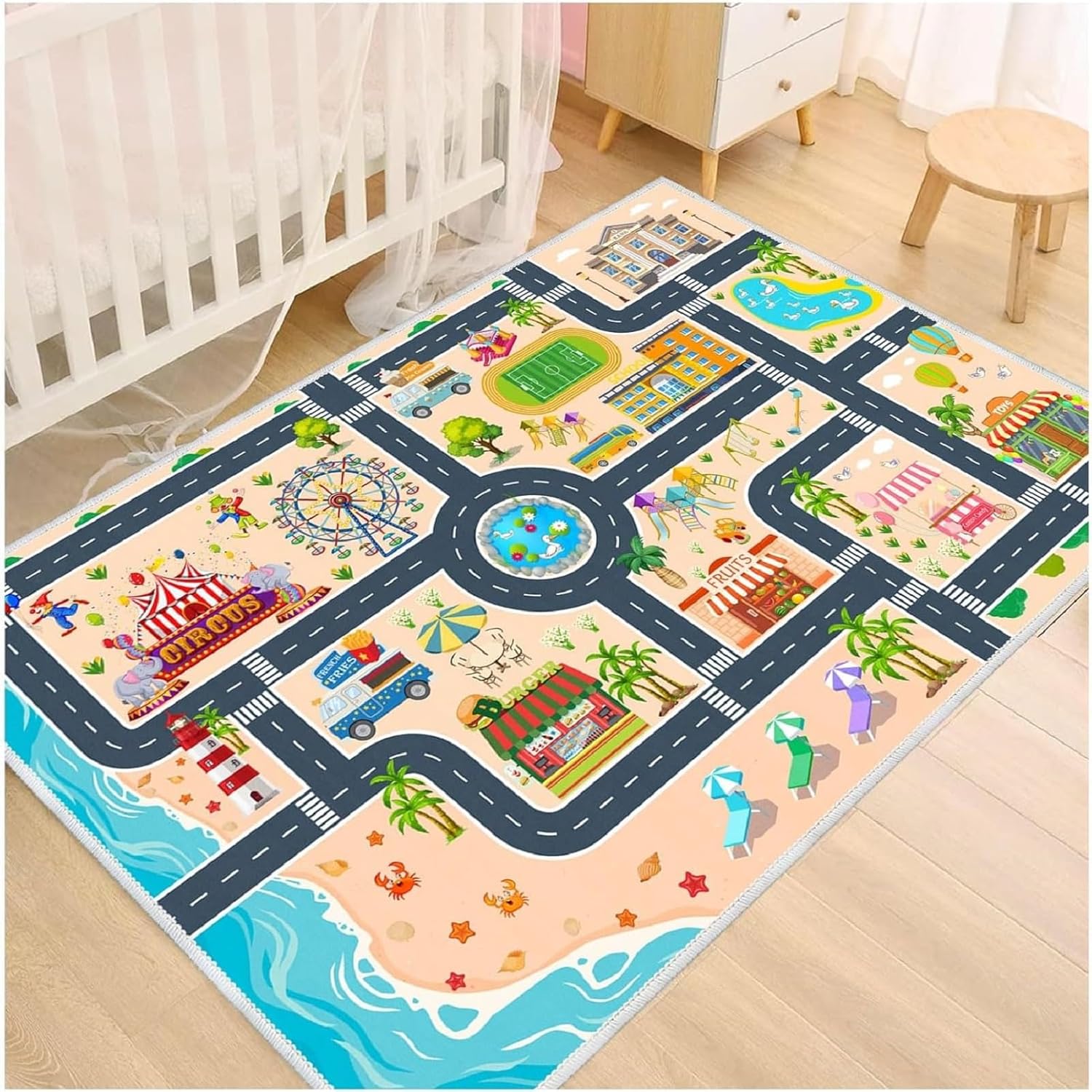 Kids Car Rug Playmat with Non-Slip Rubber Backing，Car City Life Road Carpet，Child Car Traffic Rugs ，Train Track Play Mat(80×120cm/32×47in)