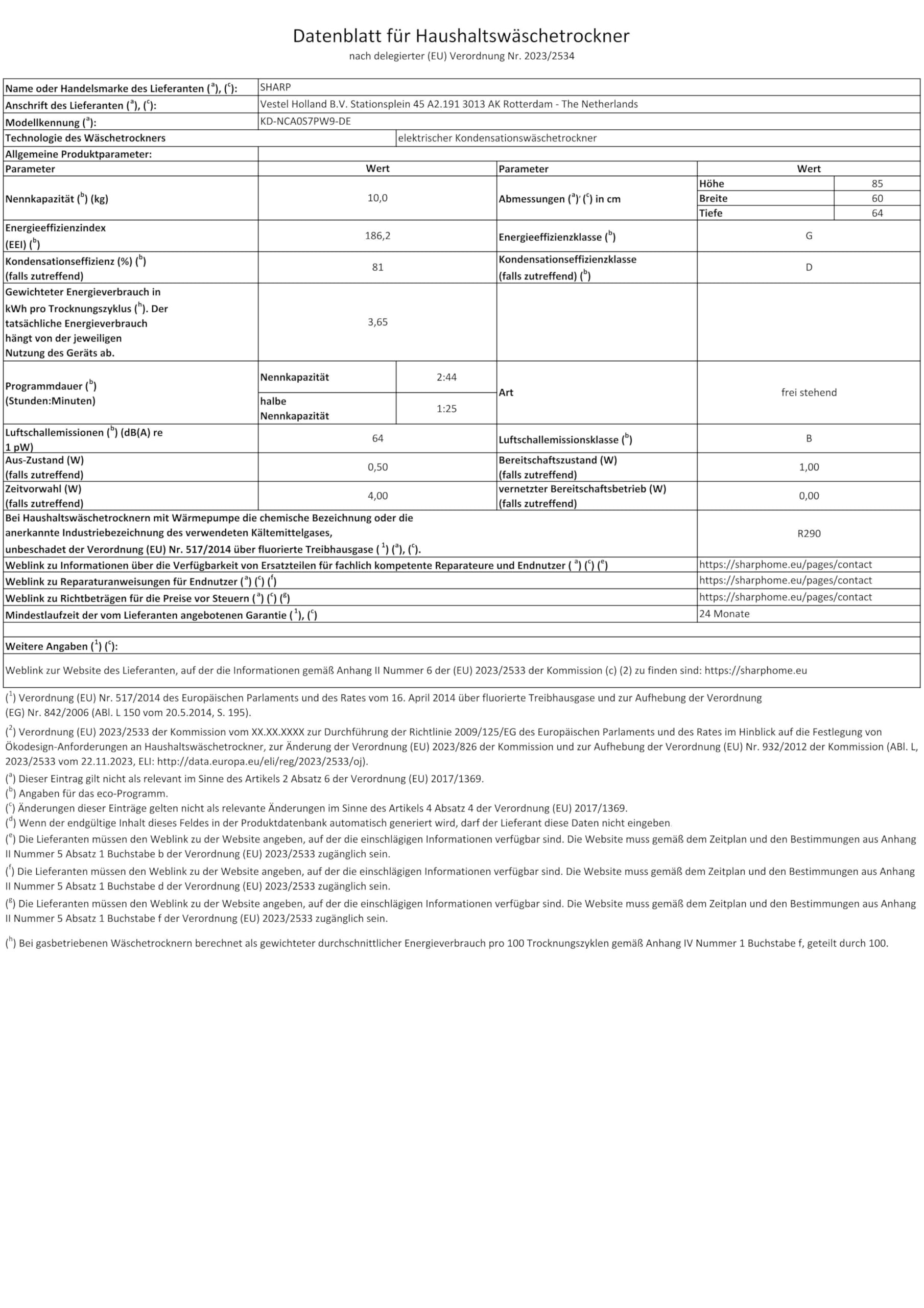 Sharp KD-NCA0S7PW9-DE Kondenstrockner Frontlader, 10 kg, 15 Programme, 29 Min. Kurzprogramm, Schontrommel, LED-Innenbeleuchtung, Kindersicherung, Weiß