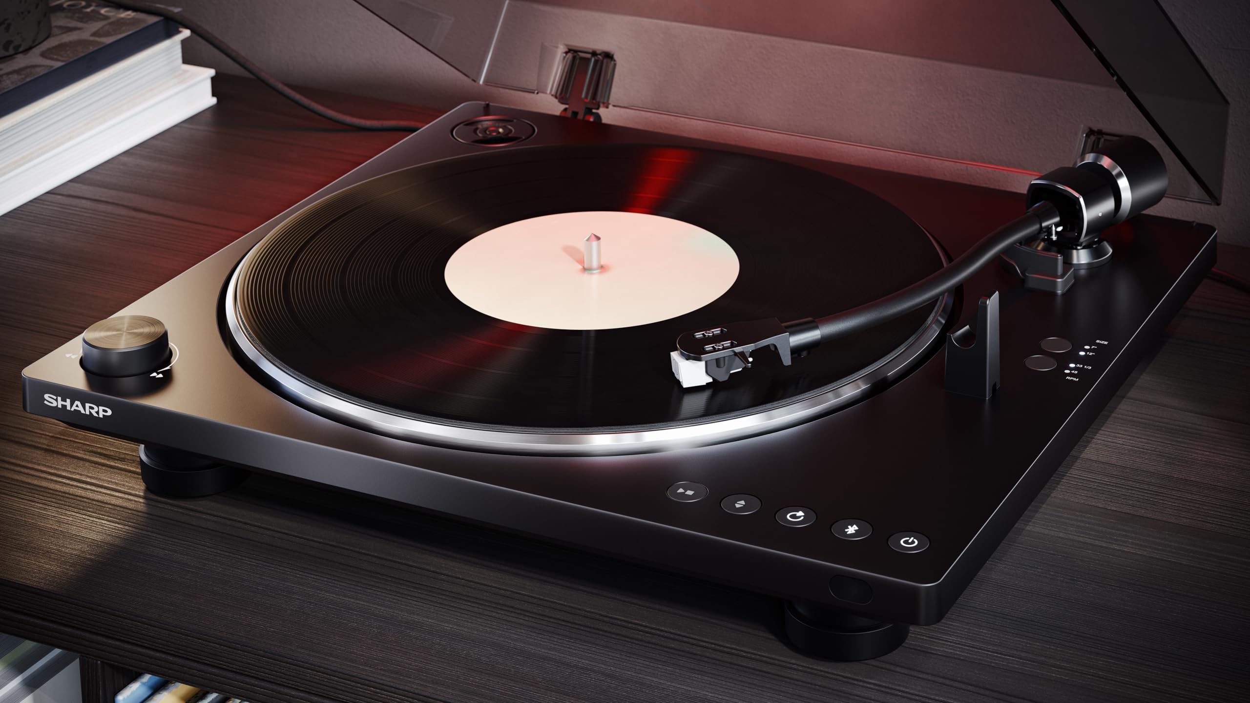 Sharp RP-TT100 – Automatischer Plattenspieler mit Bluetooth 5.4, USB-C-Recording, Audio-Technica Tonabnehmer, Vollautomatik, Staubschutzhaube, schwarzes ABS-Deck