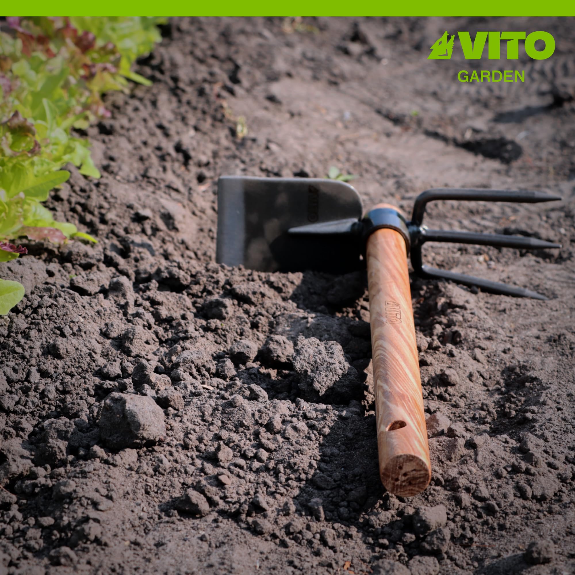 VITO - Serfouette Fourche 3 Dents et Panne Outil de Jardin Manche Bois INOX et Fer forgé à la Main Haute qualité