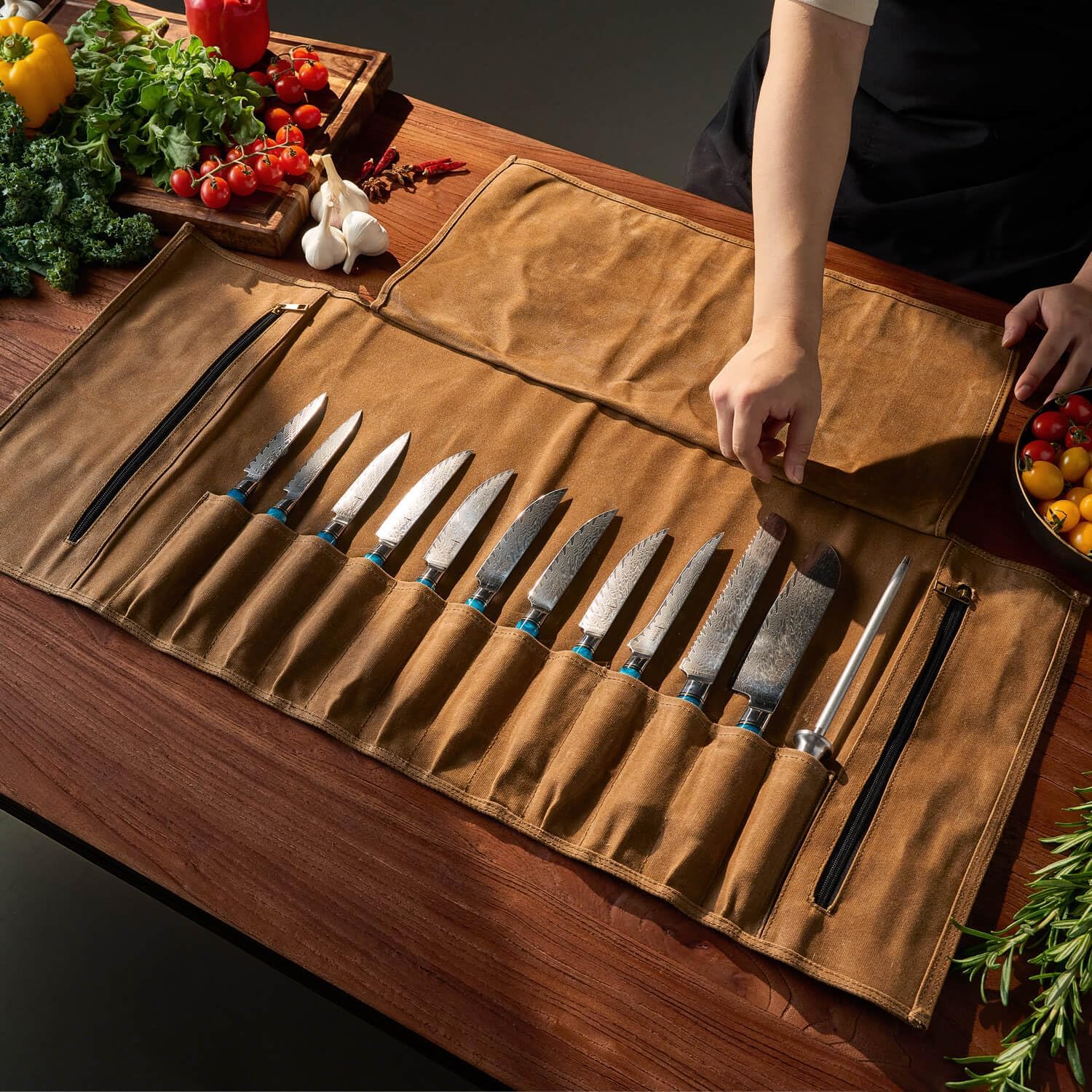 SENKEN Leather Waxed Chef Knife Roll Bag - Heavy Duty Kitchen Knife Carrying Case with Shoulder Strap - 12 Knife Slots + 2 Zipper Pockets for 14 Total Slots