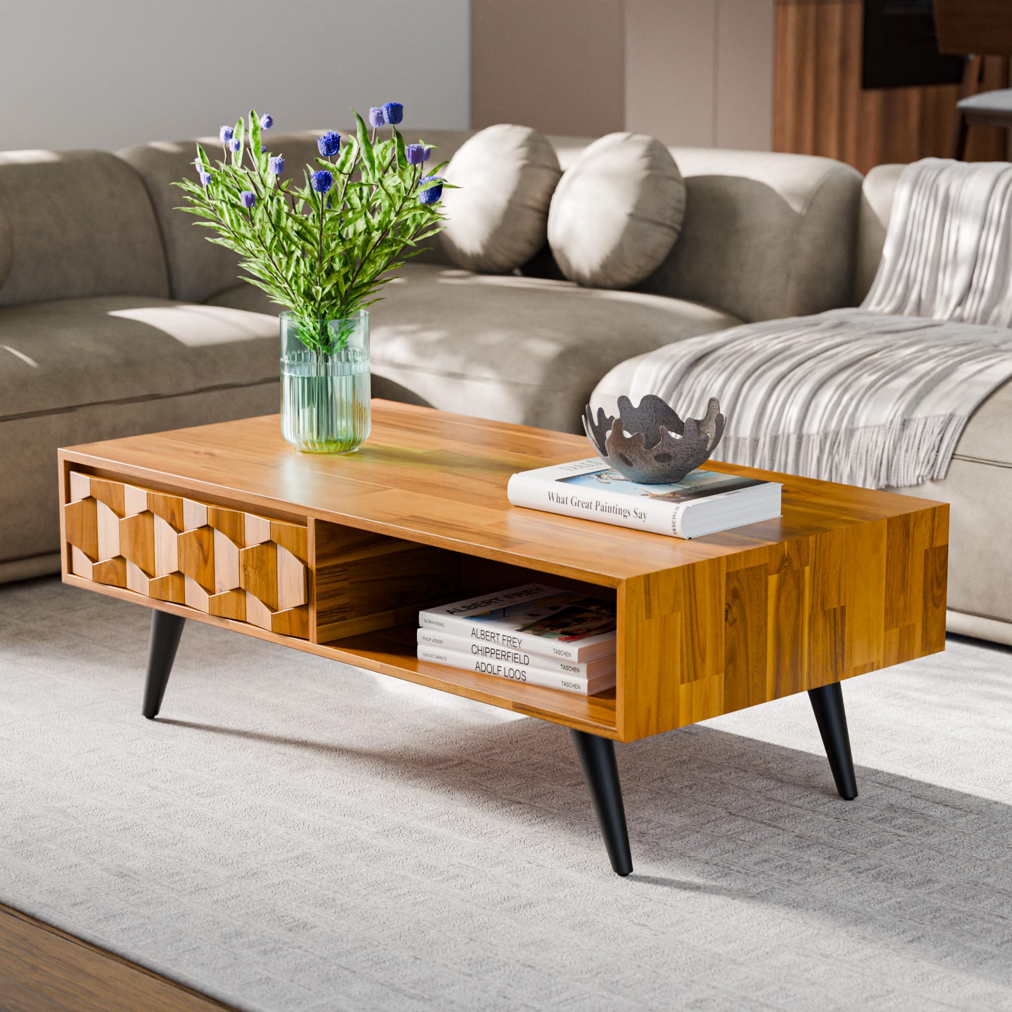 Bme Georgina Solid Wood Coffee Tables for Living Room, Coffee Table Mid Century Modern with 2 Symmetrical Storage Drawers & Geometric Details, Fully Assembled Center Table, Teak Brown