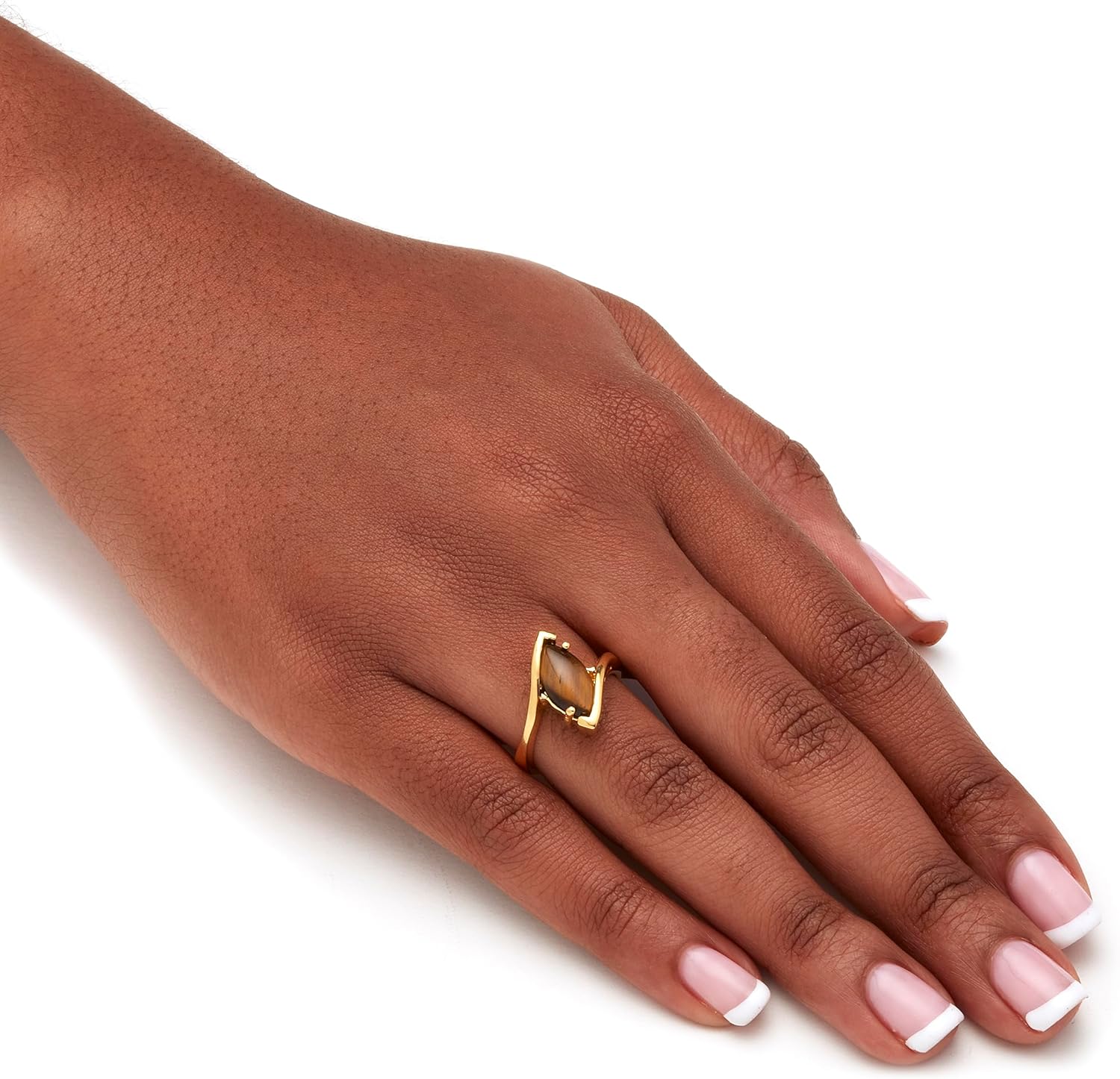 PalmBeach Yellow Gold-plated Marquise Shaped Genuine Brown Tiger's Eye Bypass Ring Sizes 5-10