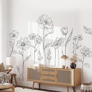 Supzone Large Black Boho Flower Wall Decals - 3 Sheets Minimalist Peony Wildflower Peel & Stick Wall Art for Bedroom, Office, Home Decor (70x35")