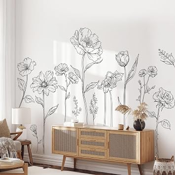 Large Black Boho Flower Wall Decals, 3 Sheets Simple Sketch Floral Wall Stickers Peony Wildflower Peel Stick Wall Art Decor Bedroom Home Room Office Garden Hall Adult Gifts for Mom11.8x35.4 in/Sheet