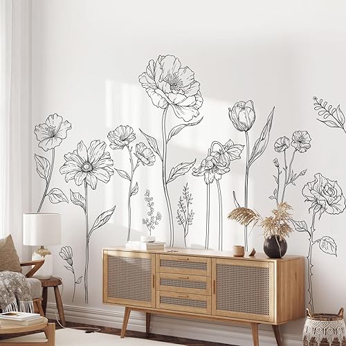 Large Black Boho Flower Wall Decals, 3 Sheets Simple Sketch