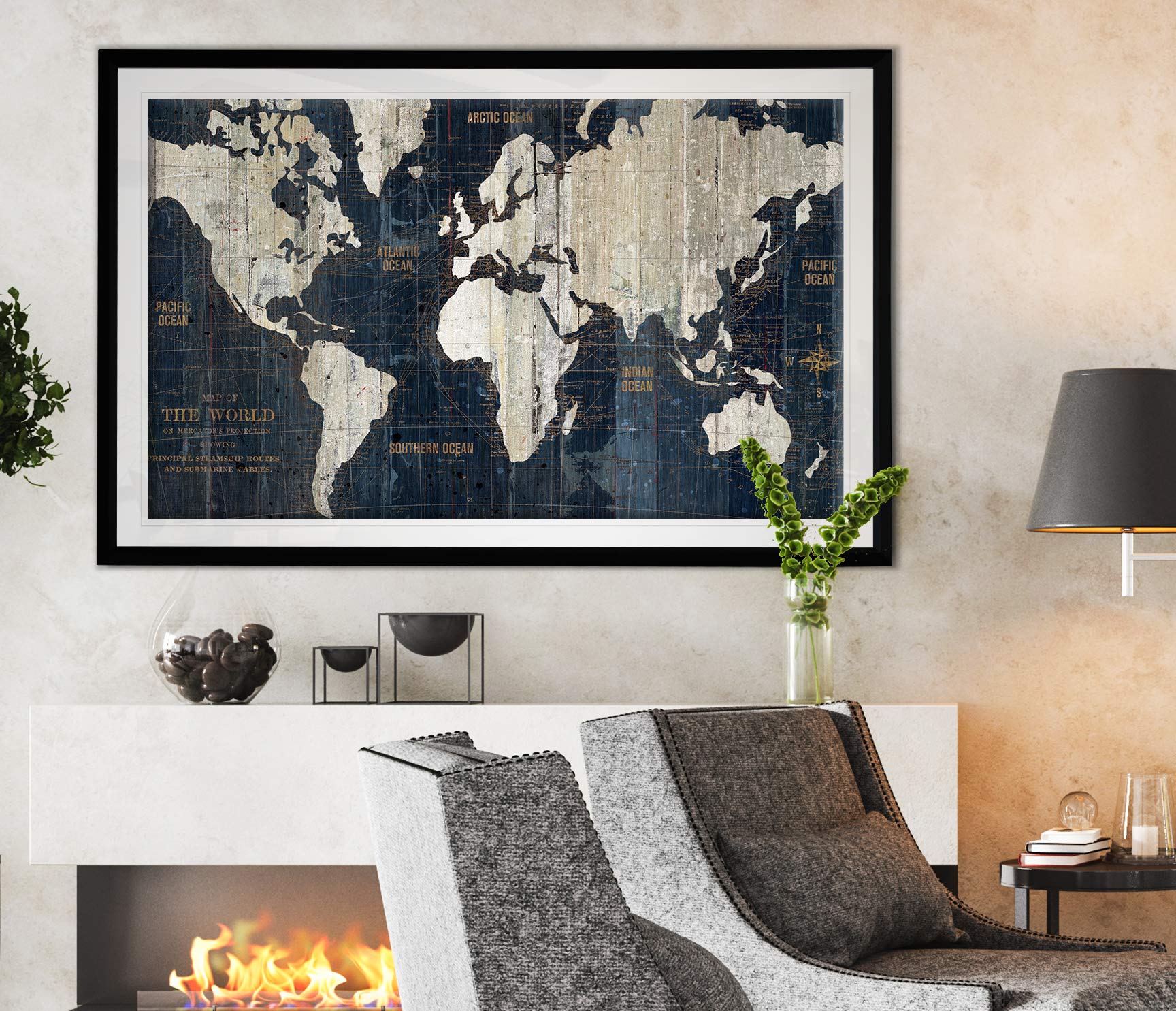 Amazon.co.jp: フレーム入り「旧世界地図ブルー」プリントウォール