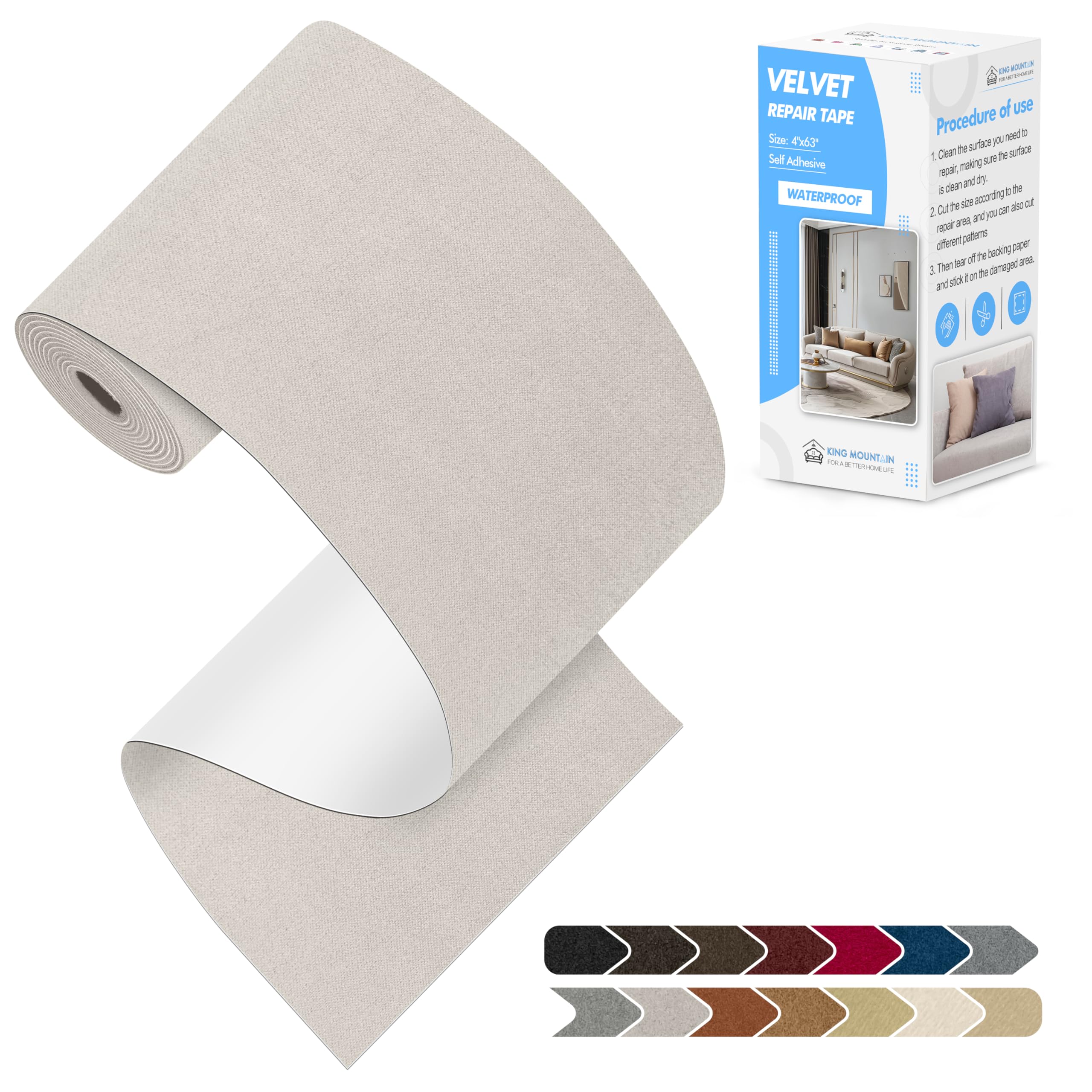KING MOUNTAIN Couch Fabric Repair Patch, Fabric Patches for Furniture, 4" x 63" Waterproof Velvet Repair Tape for Sofas, Car Seats, Furniture,