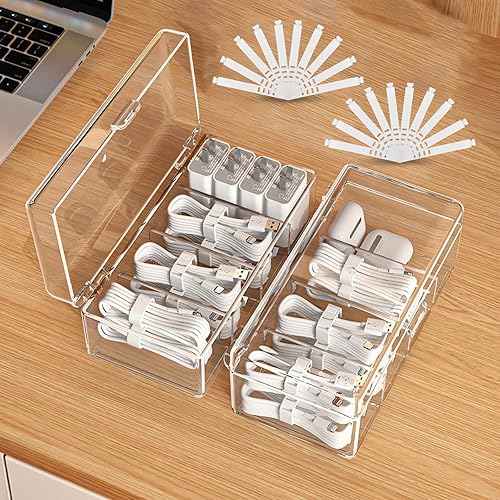Miniatura 1 de Paquete de 2 cajas organizadoras de cables con tapa, caja organizadora de cables de carga transparente con 4 compartimentos y 20 bridas de cables,