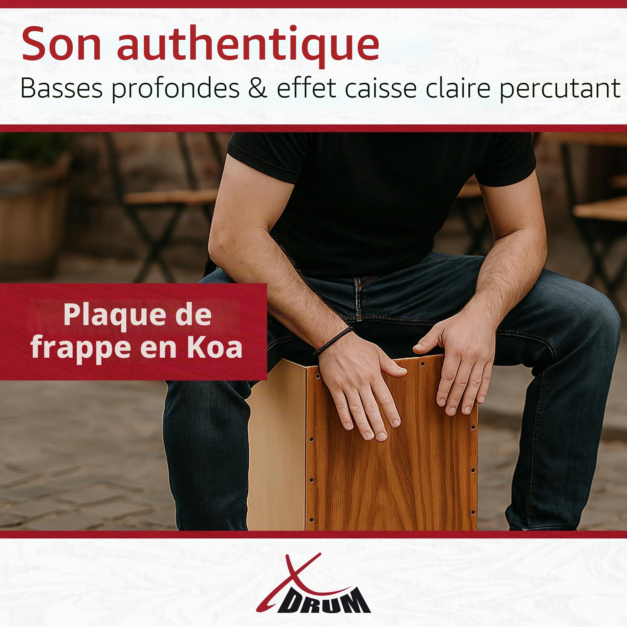 XDrum Cajon Peruana Koa, Table d’impact en Koa de 3 mm, 5 cm, Poids: env. 4 | Sons de basse et caisse claire très différenciés et présents, Corps en bouleau 9 mm (7 plis), Clap Corners réglables, 5 cm