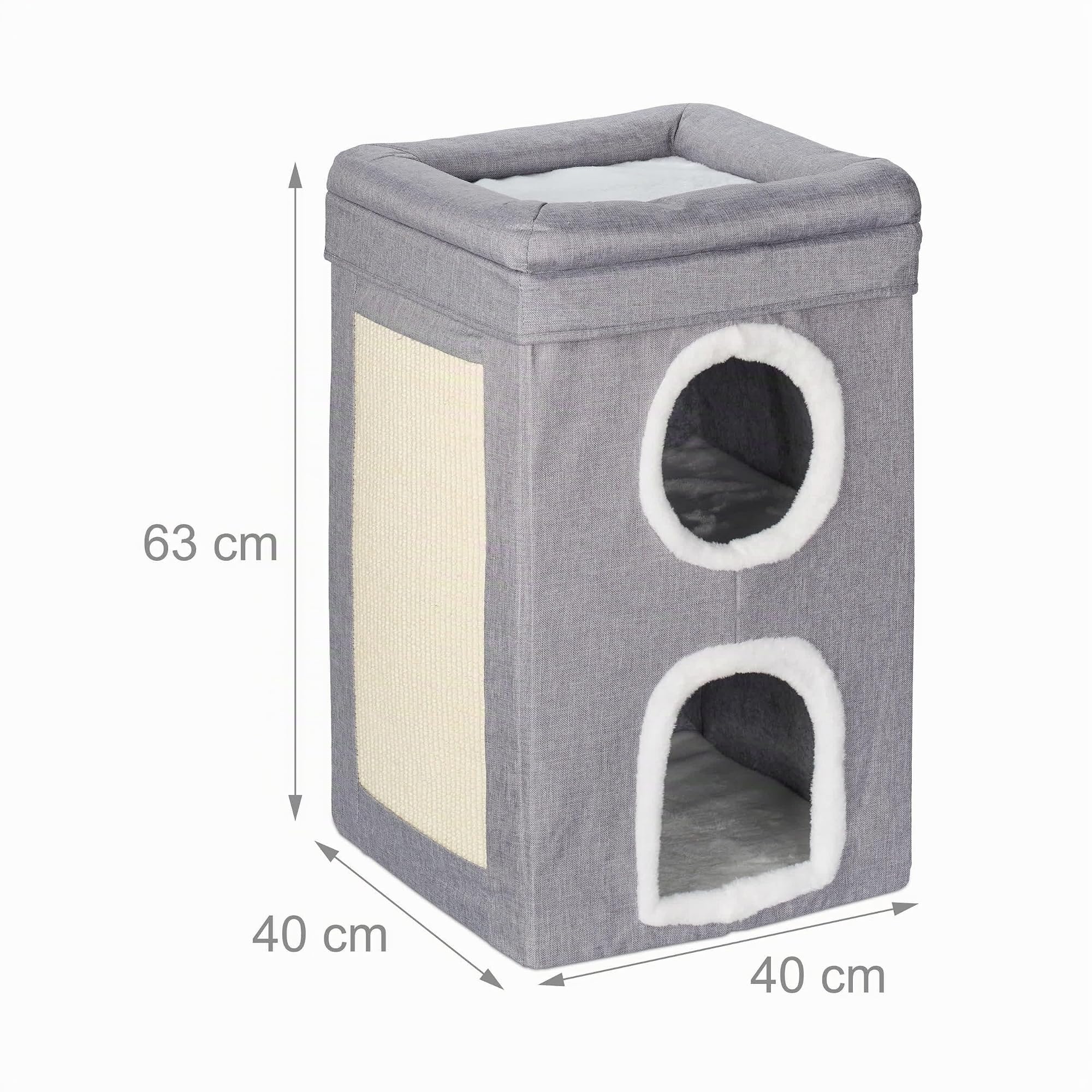 Relaxdays Casa para Gatos con 2 Cuevas, Nivel Superior Abierto, Cama Gatitos, con Rascador, 63x40x40 cm, Gris y Blanco
