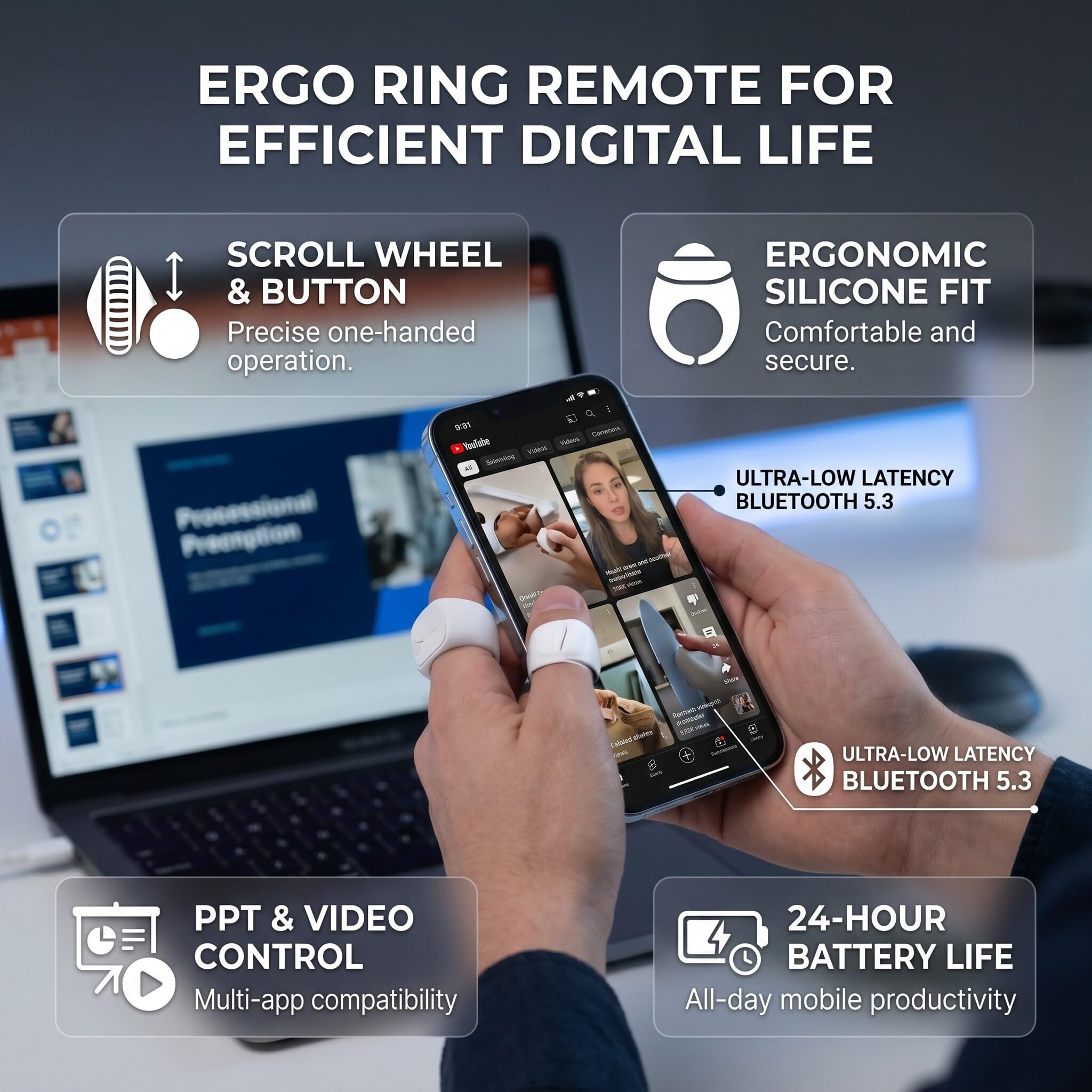 Annadue Remote Scrolling Ring für TikTok, Multifunktionale Kamera Videoaufzeichnung, Bluetooth Seitenwender, Bluetooth Scroller Ring Fernbedienung für Telefon Tablet (White)