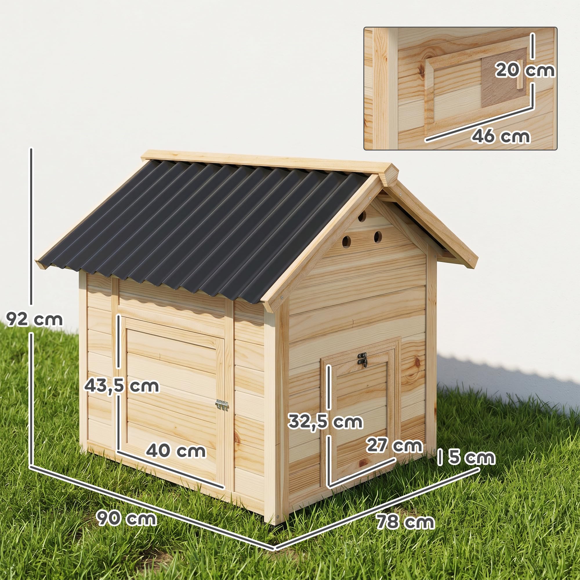PawHut - Caseta para patos de madera, techo impermeable, 78 x 90 x 92 cm, madera natural | Para Patos y Gansos, Ventilación, Base Desmontable, Puerta Lateral, Gallinero