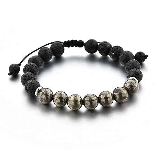 Pulsera ajustable con cuentas de roca de lava y pirita de lujo, difusor de aceite esencial para hombres y mujeres, aromaterapia, ideal para