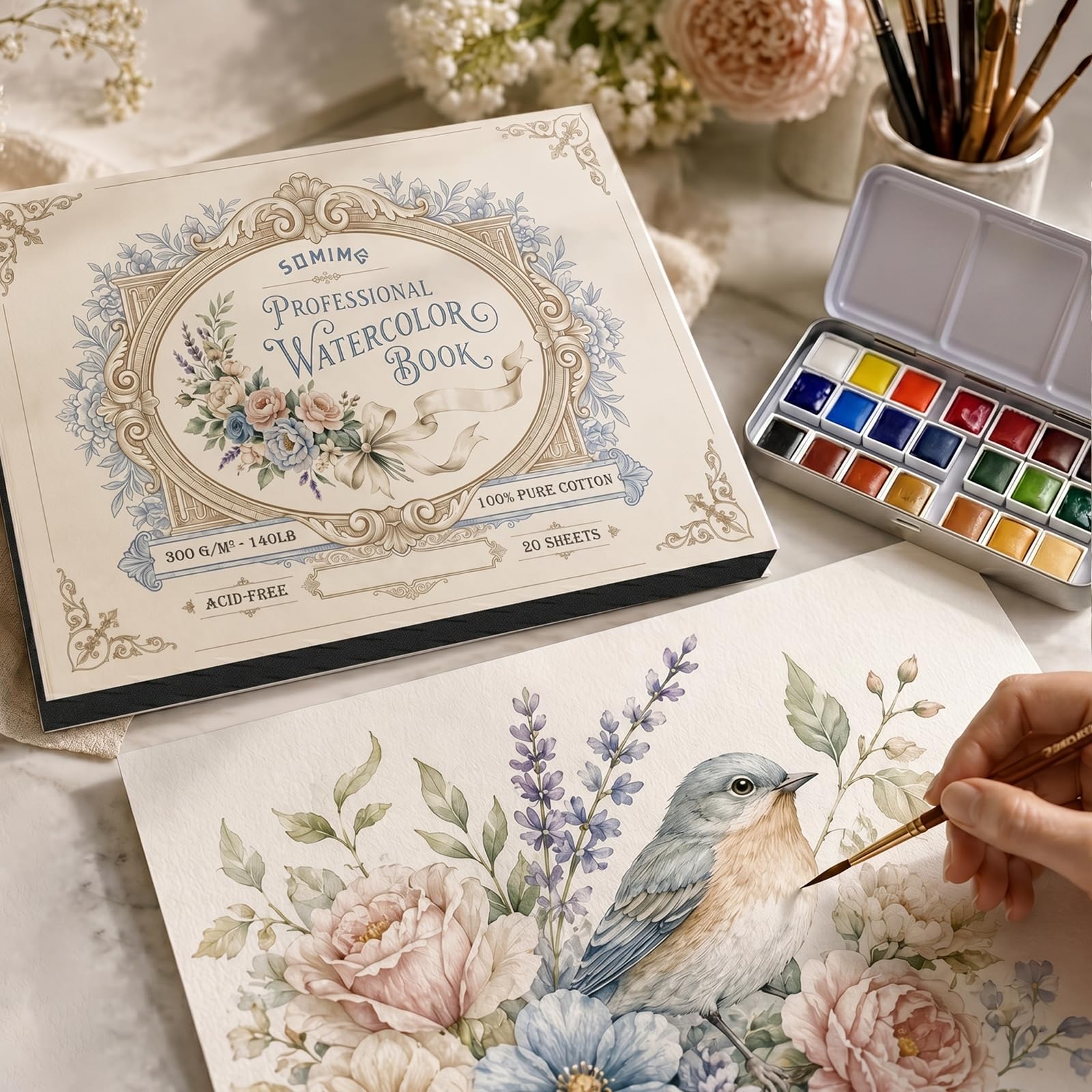 Somime Bloc de papier aquarelle 22,9 x 30,5 cm, 20 feuilles, 63,5 kg/300 g/m², papier aquarelle pressé à froid, livre de peinture d'artiste sans acide pour peinture à l'aquarelle et à la gouache