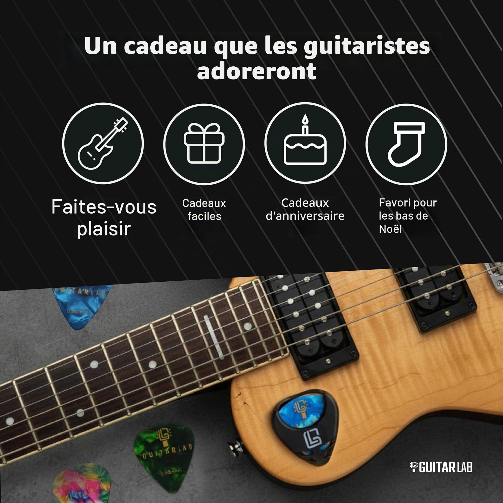 Guitar Lab Support de médiators et 10 médiators pour acoustique – Médiators en celluloïd – Guitare acoustique, électrique, basse et ukulélé – Ensemble fin, moyen et épais