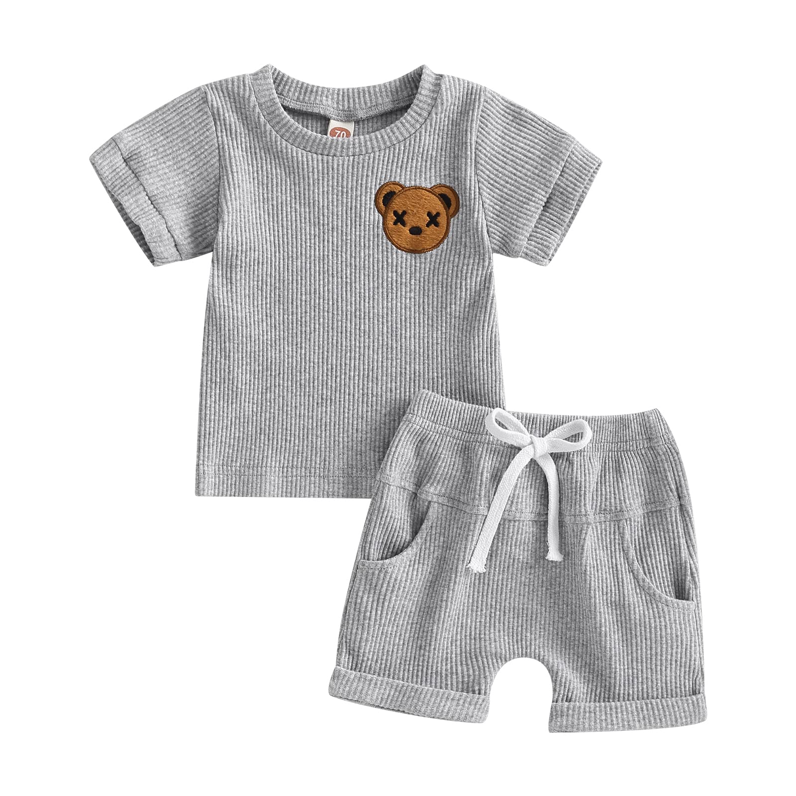 Urkutoba Baby Boys Summer 2-Piece Outfits Bear Pattern Short Sleeve T-Shirt and Elastic Drawstring Shorts Set