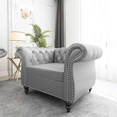 QHITTY Accent Chair, Chesterfield Chair Modern Leather Upholstered Chair with Tufted Back for Living Room Furniture (Grey)