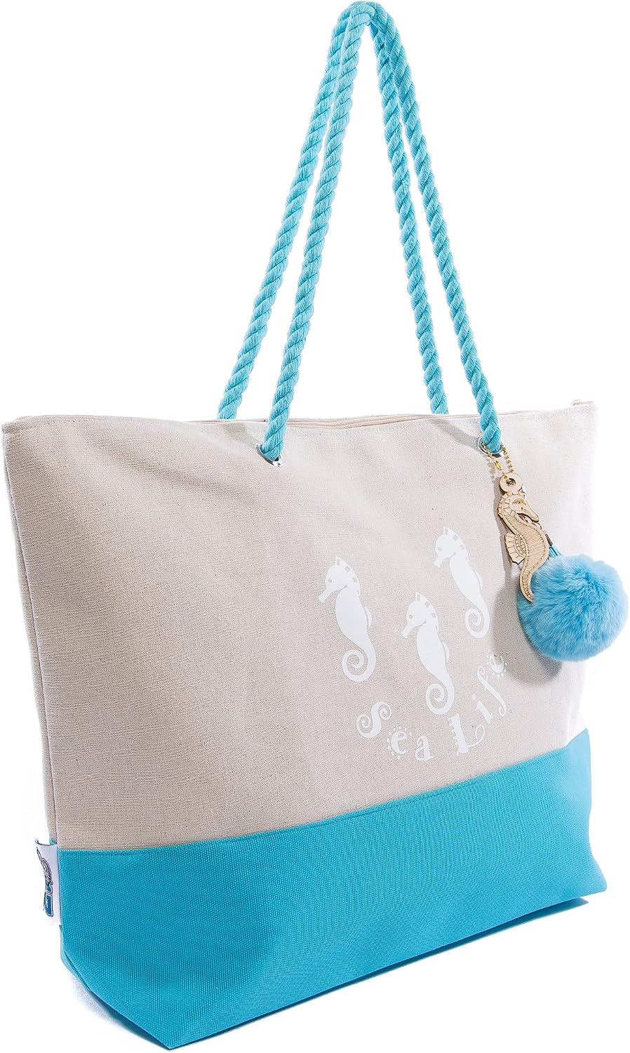 Beach Bag By Pier 17 - Extra Large Canvas Beach Tote, Top Zipper Closure, Rope Handles, 2 Inner Pocket, Wooden Charm, Pom Pom, Built-In Inner Backing for Extra Durability - L21"xH15"xW7" Blue-Seahorse