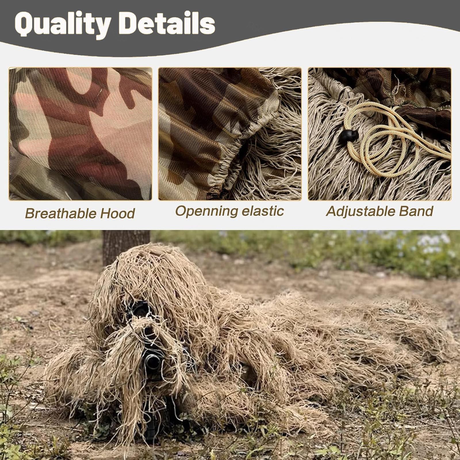 5-Teilige 3D Ghillie Suit Camouflage Jagdbekleidung Tarnanzug Herren Einschließlich Jacke,Hose,Kapuze,Tragetasche Tarnanzug für Militär,Airsoft Sniper,DryGrass-Adults