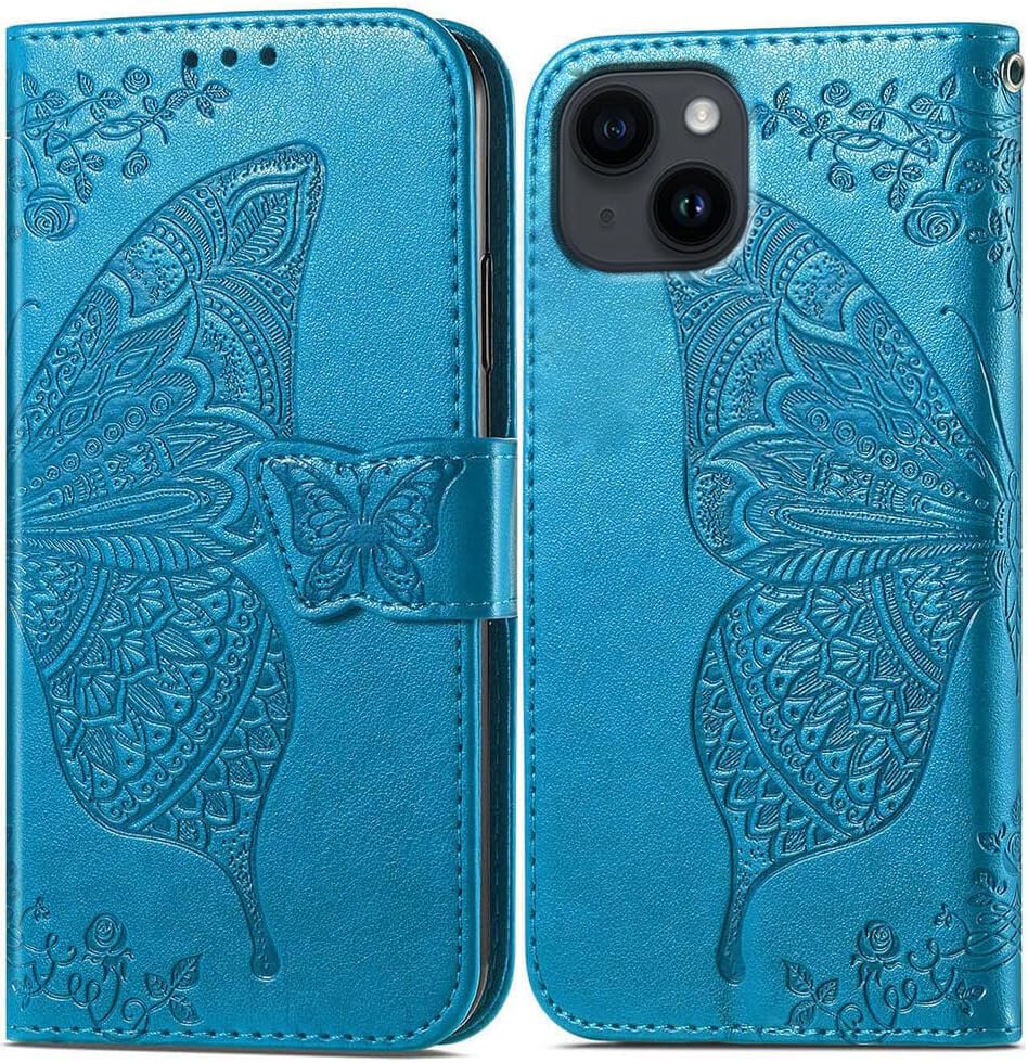 Image of ClickCase Butterfly Series for iPhone 15 Plus Leather Embossing Wallet Flip Case Kick Stand Magnetic Closure Flip Cover for iPhone 15 Plus (Sky Blue)