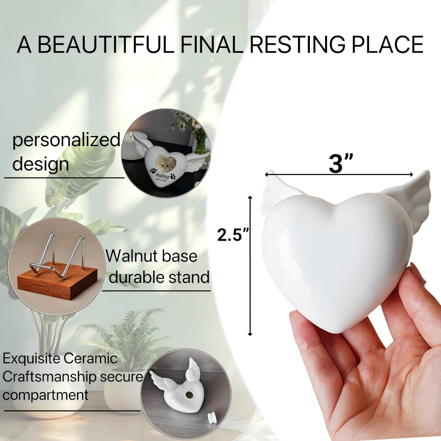 Personalized Memorials Urn for Ashes, Custom Pet Urn, Small Heart Memorials Urn with Stand, Keepsake Mini Cremation Urn for Human or Pet Ashes