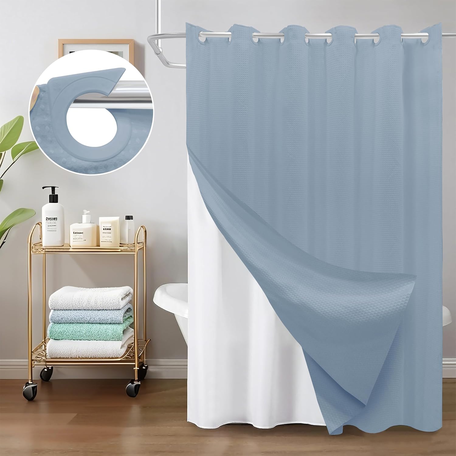 Inhousolu No Hook Waffle Weave Shower Curtain with Removable Snap in Fabric Liner Set for Bathroom, 230 GSM Heavy Duty Weighted Hem, Water Repellent Washable Bath Curtains, 72 x 72 Inch, Fog Blue